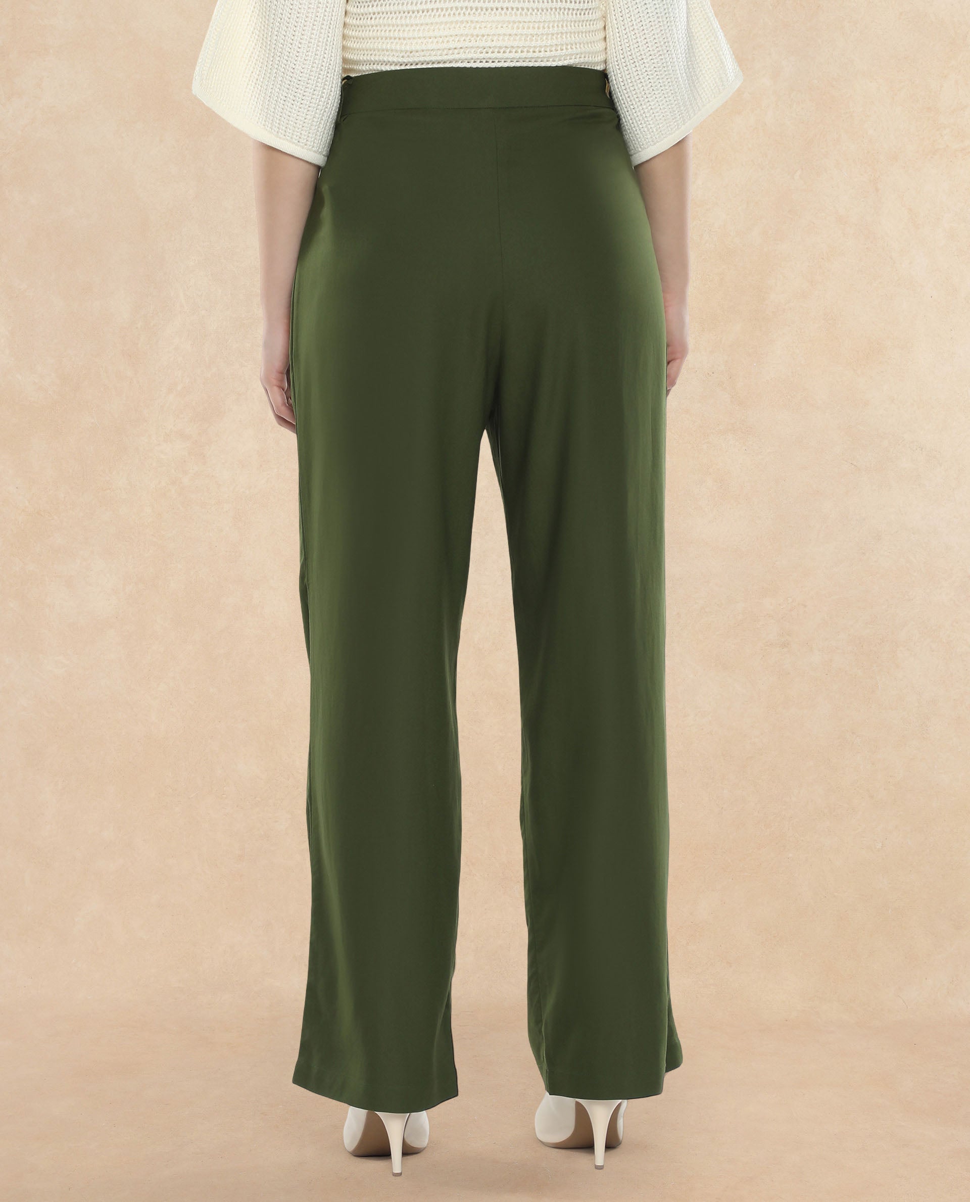 Rareism Women Seanpo Olive Button Closure Ankle Length Plain Trouser