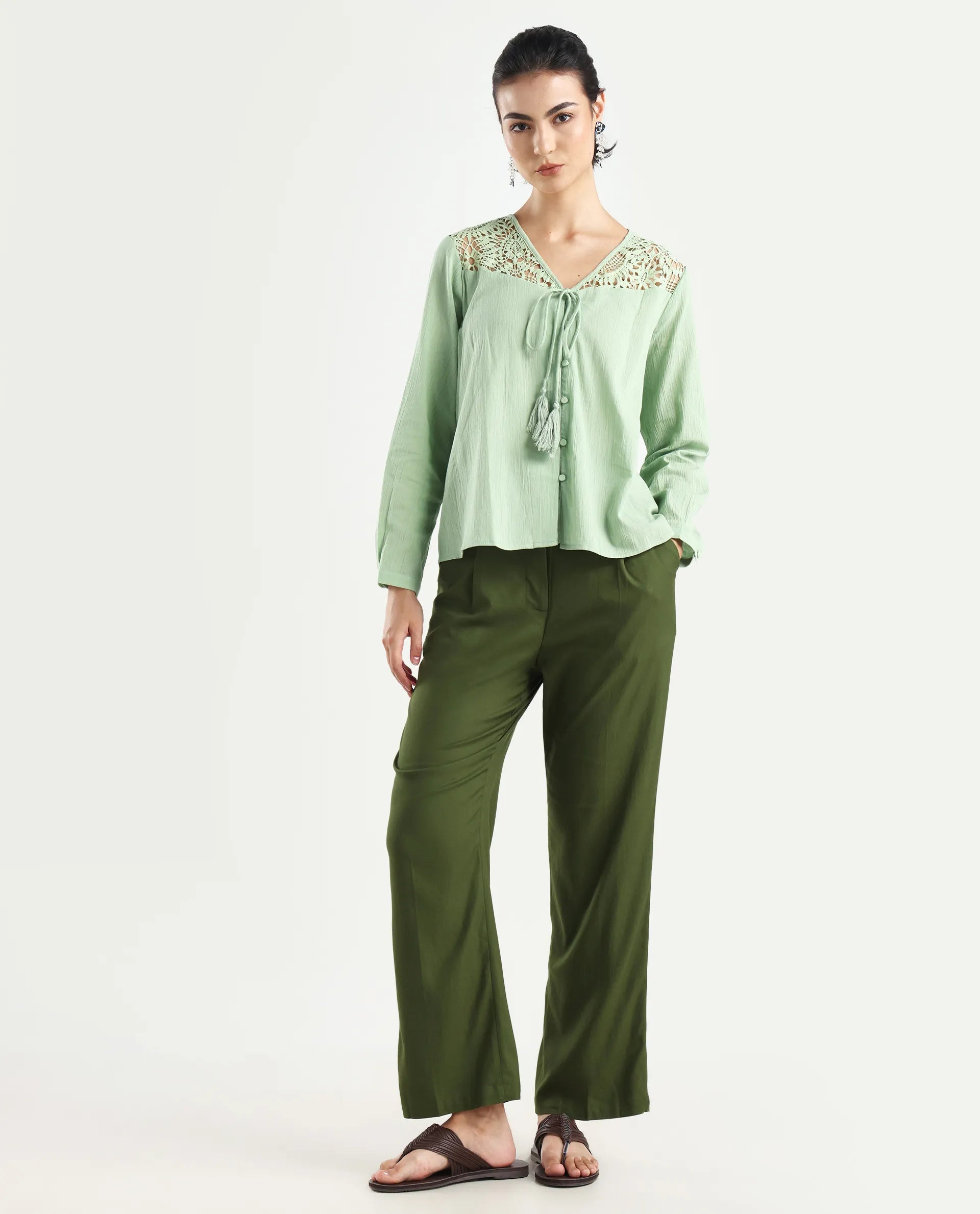 Rareism Women's Seanpo Olive Polyester Plain Ankle Length Wide Trouser