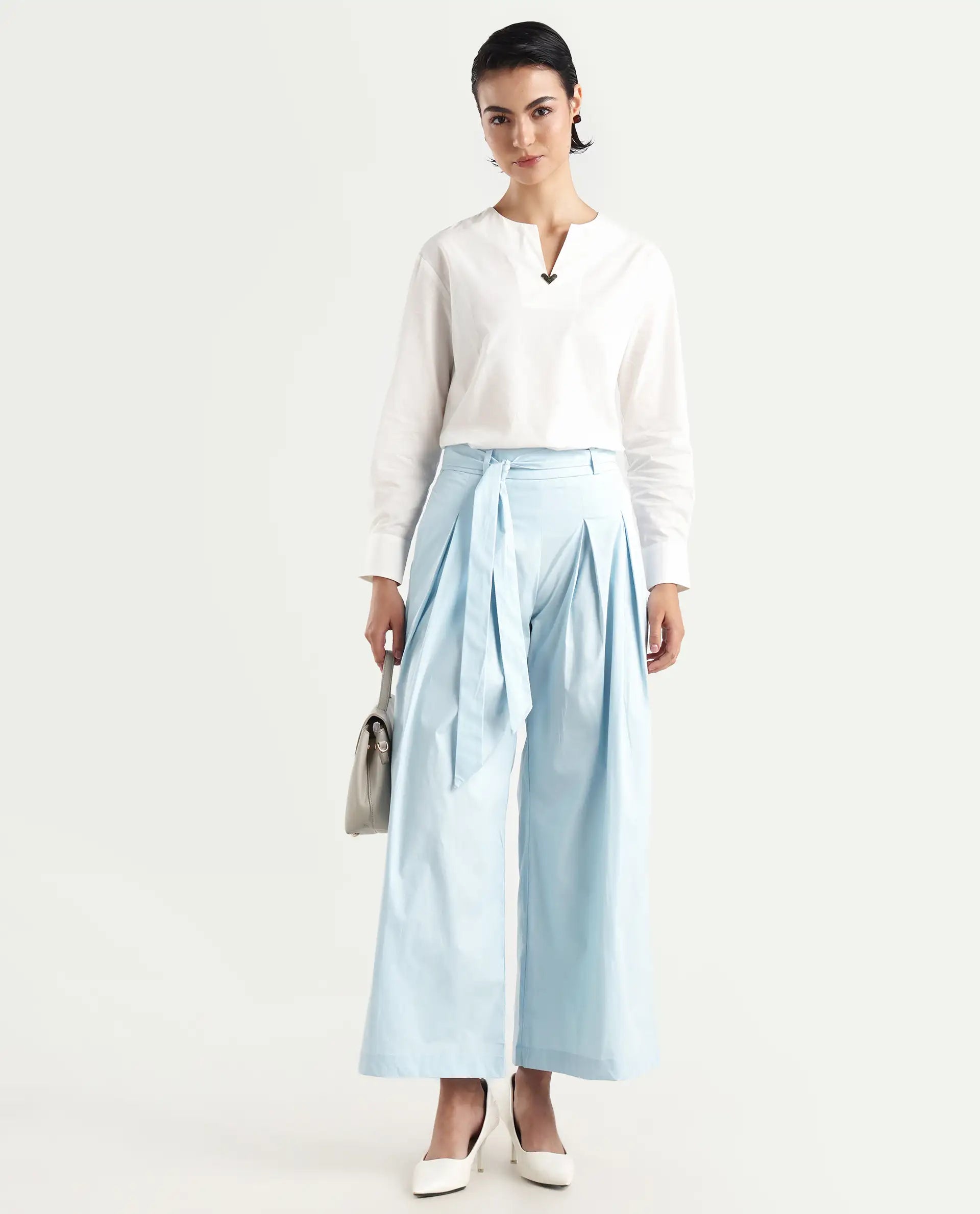 Rareism Women's Sebern Light Blue Cotton Blend Plain Ankle Length Flared Trouser