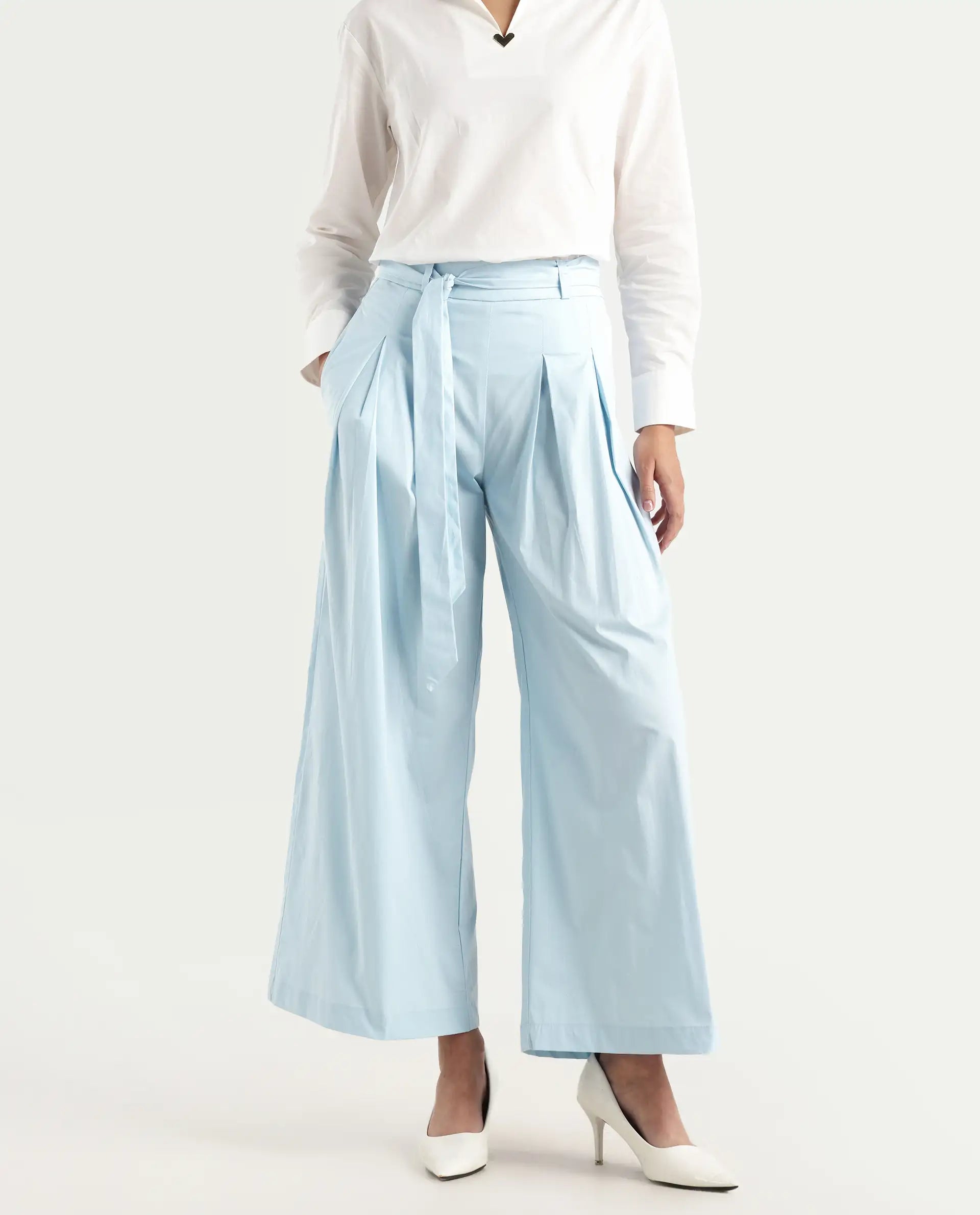 Rareism Women's Sebern Light Blue Cotton Blend Plain Ankle Length Flared Trouser
