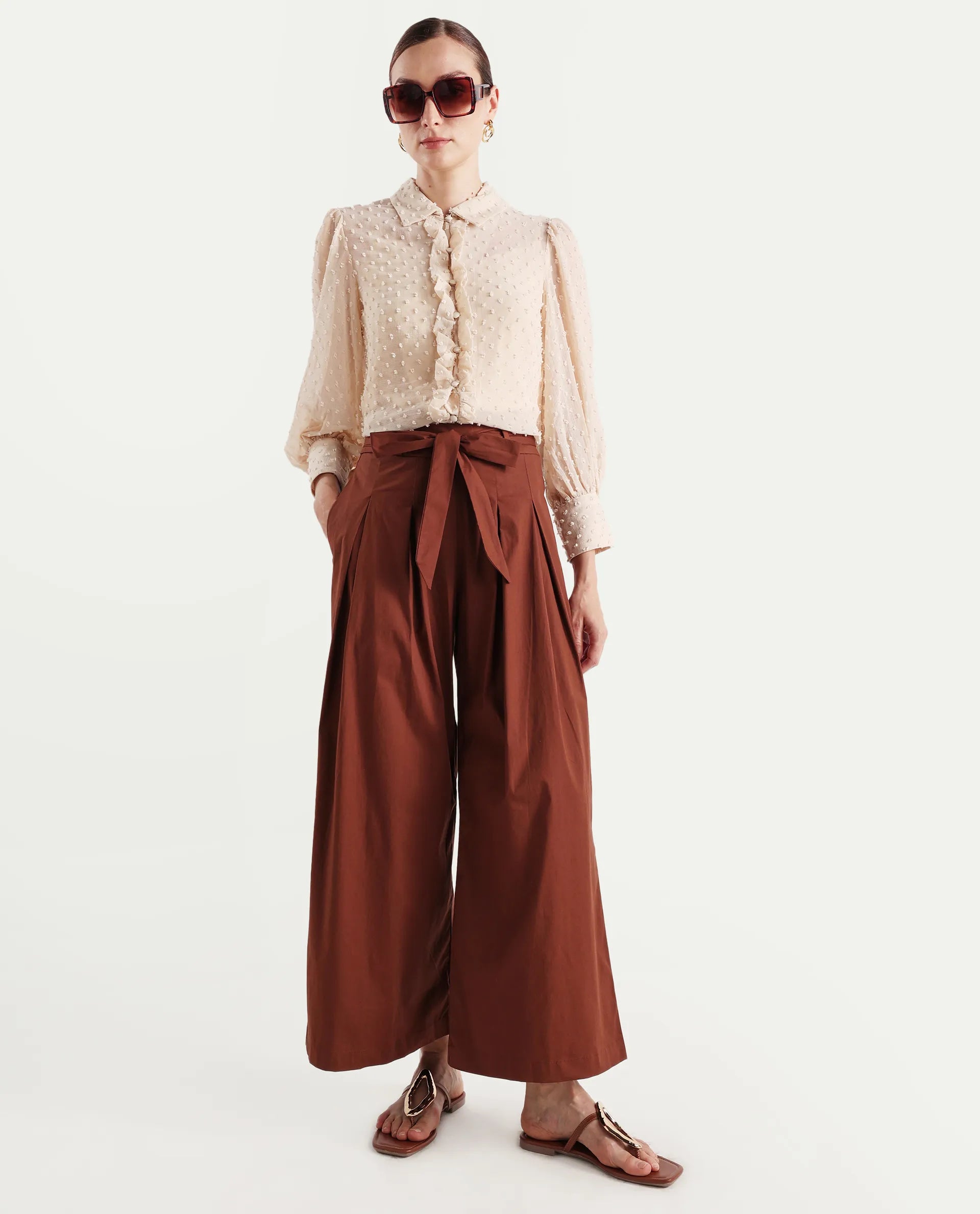 Rareism Women's Sebern Brown Cotton Blend Plain Ankle Length Flared Trouser