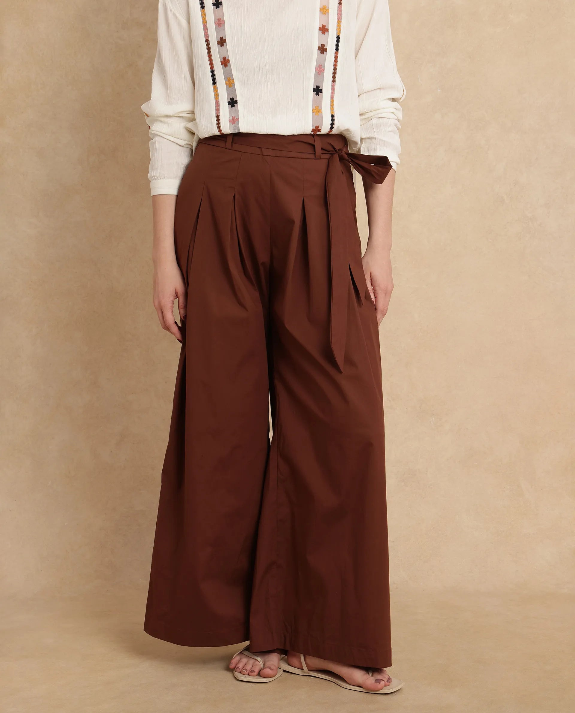 Rareism Women Sebern Brown Cotton Blend Fabric Button Closure Flared Ankle Length Plain Trouser