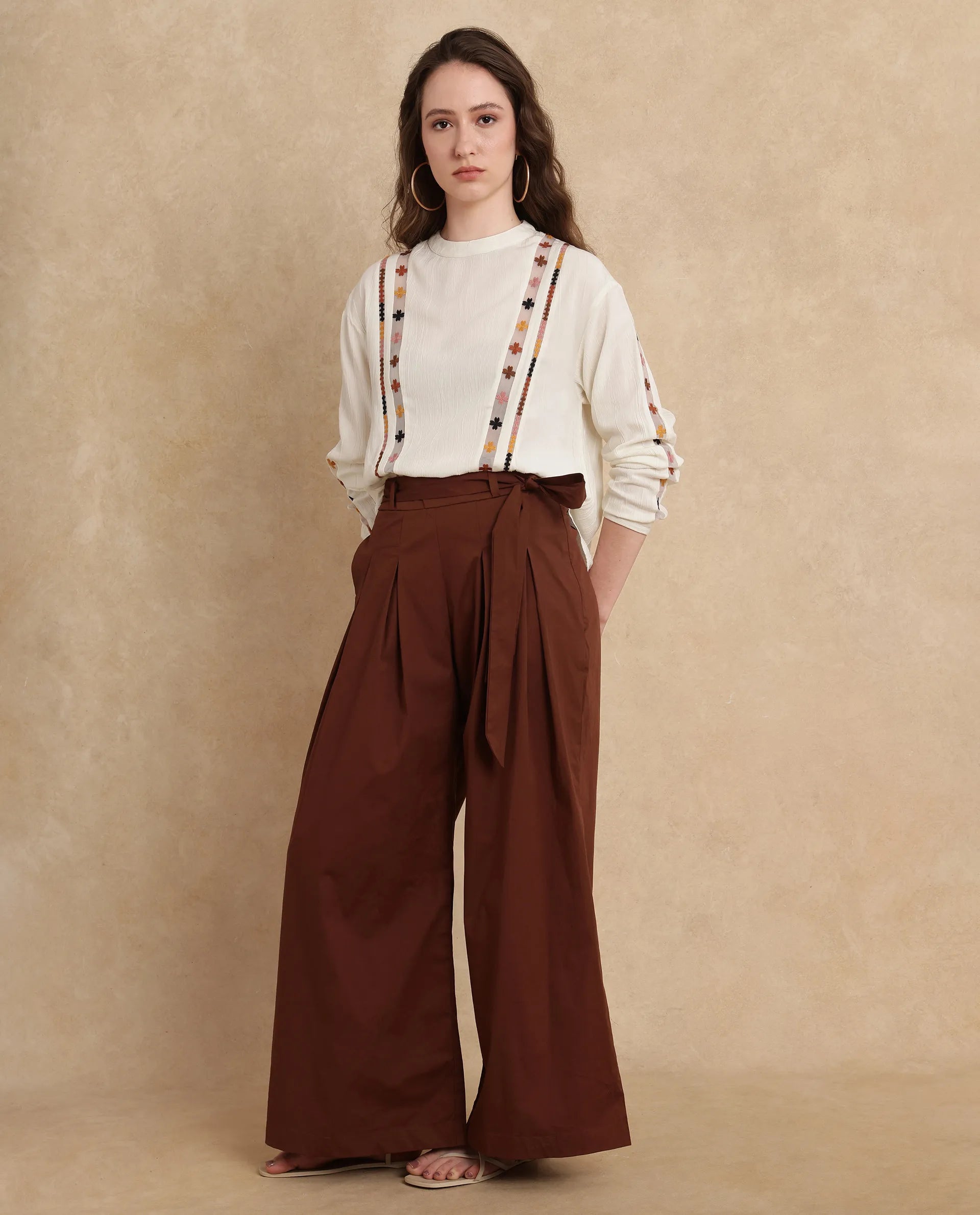 Rareism Women Sebern Brown Cotton Blend Fabric Button Closure Flared Ankle Length Plain Trouser