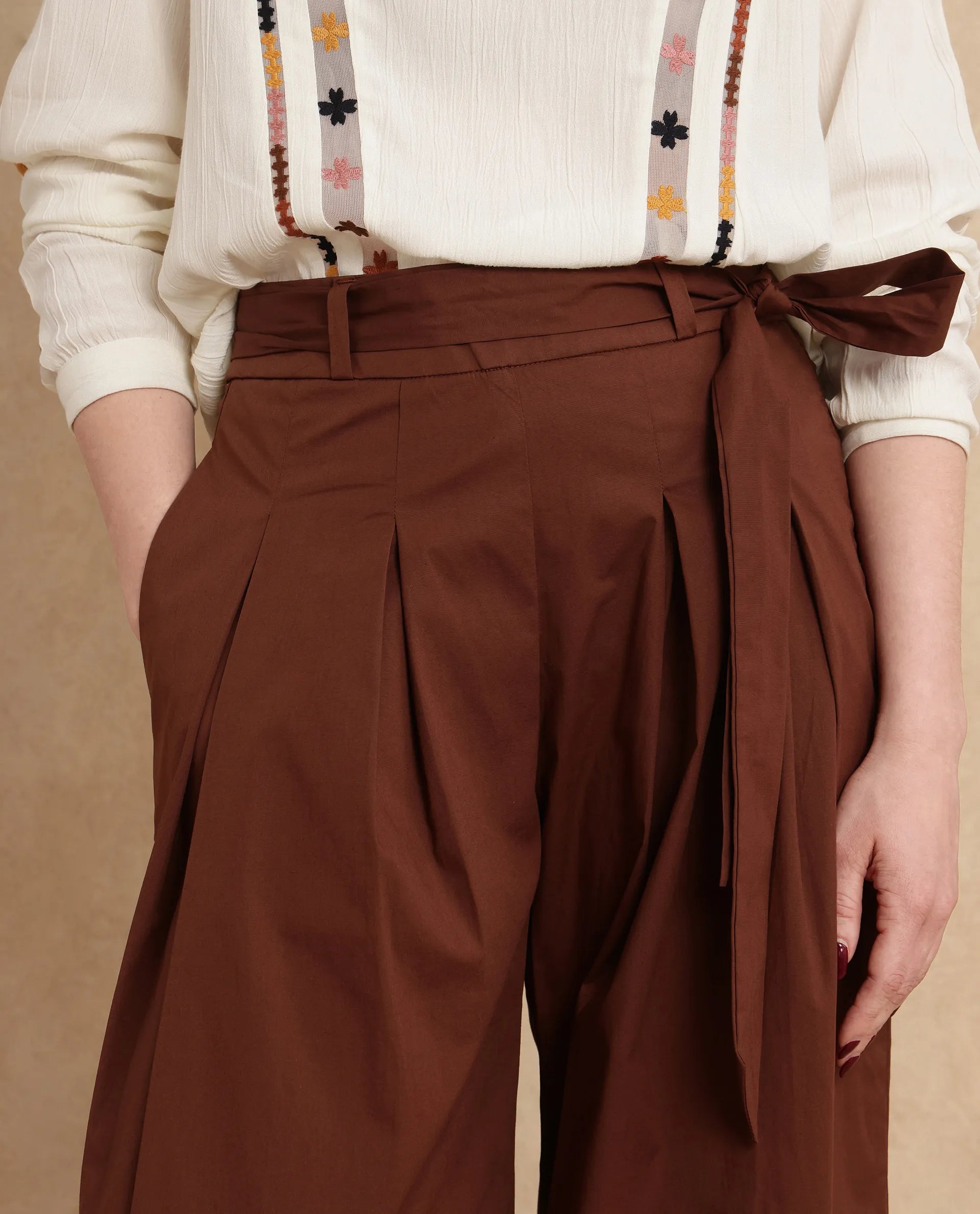 Rareism Women Sebern Brown Cotton Blend Fabric Button Closure Flared Ankle Length Plain Trouser