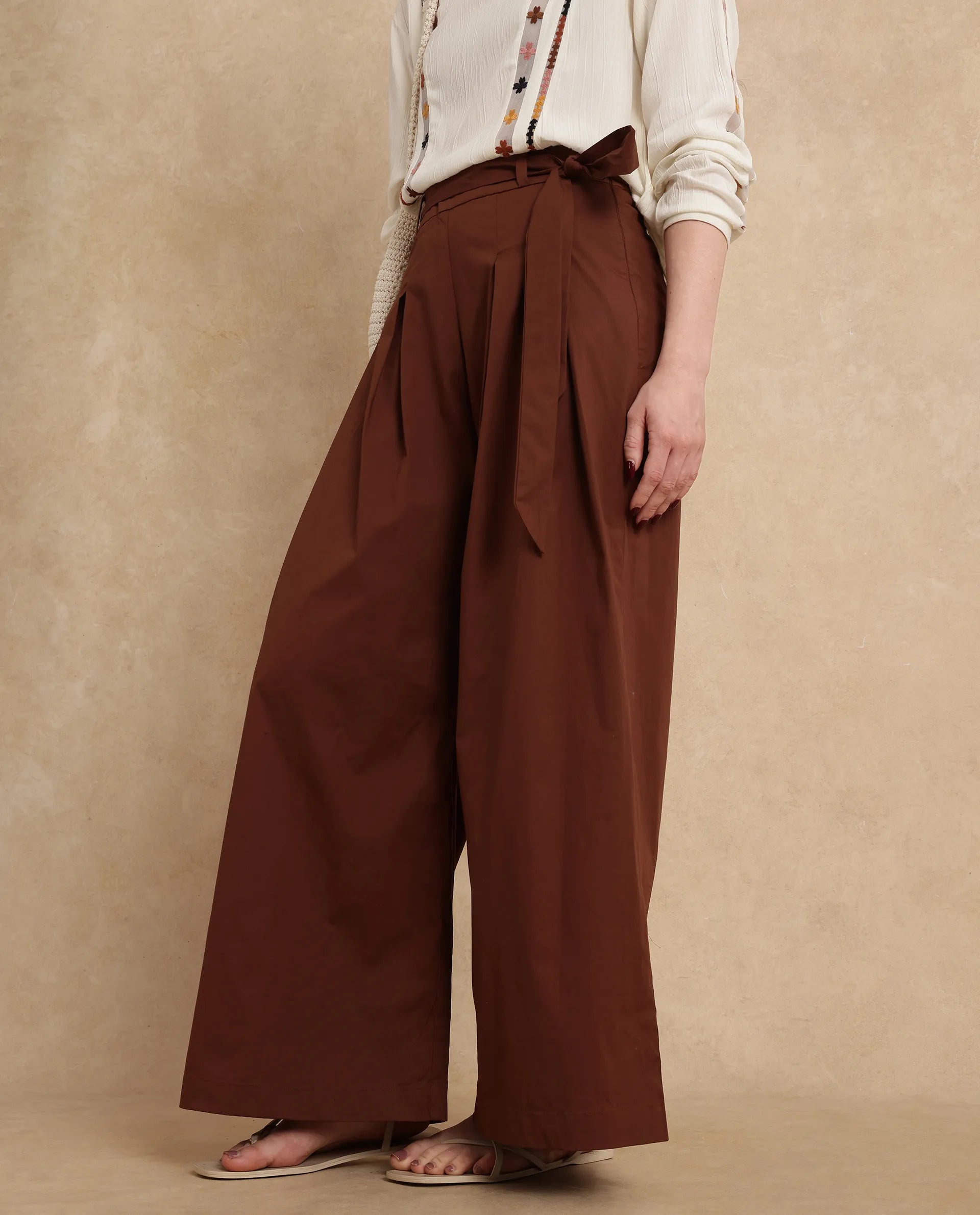 Rareism Women Sebern Brown Cotton Blend Fabric Button Closure Flared Ankle Length Plain Trouser
