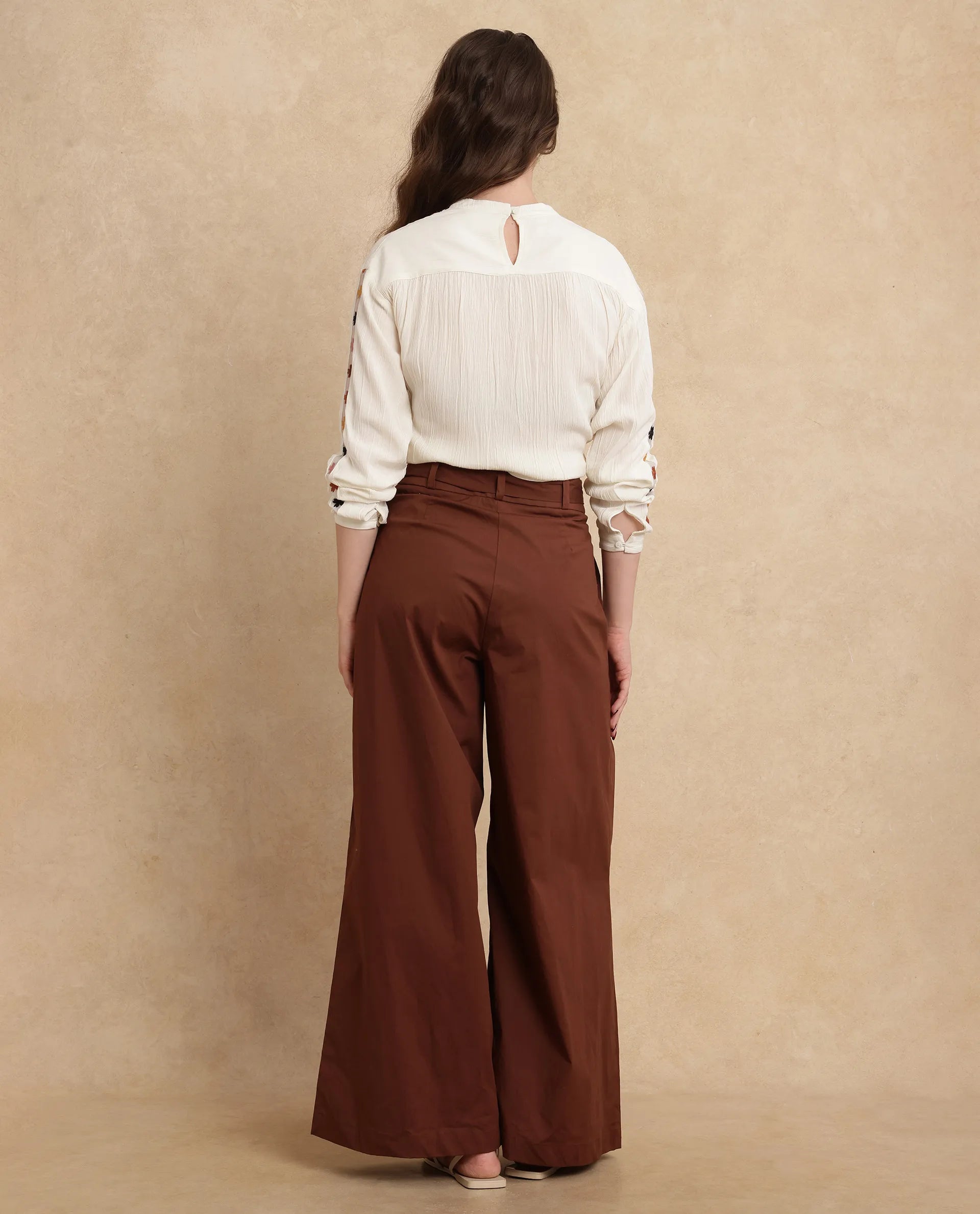 Rareism Women Sebern Brown Cotton Blend Fabric Button Closure Flared Ankle Length Plain Trouser