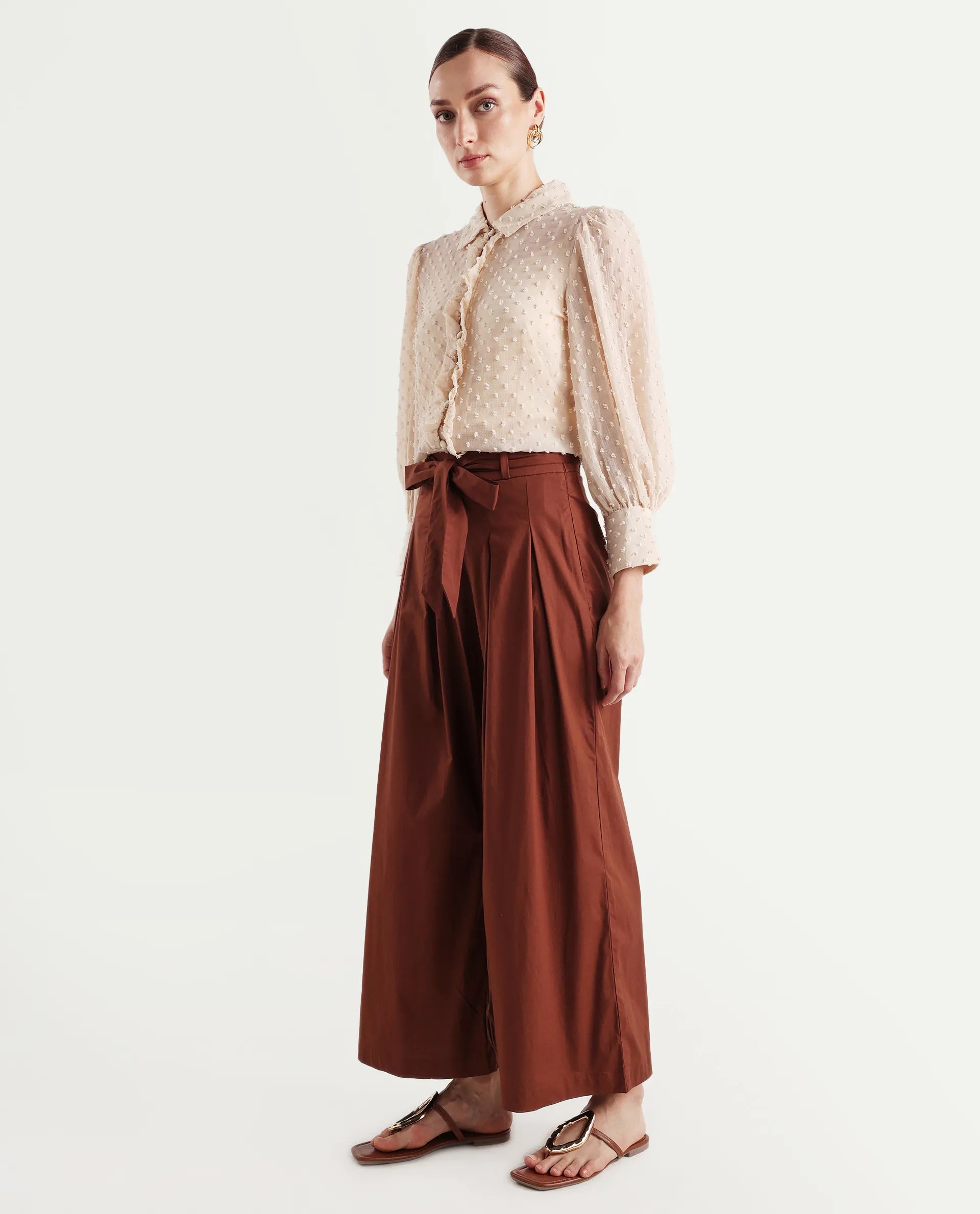 Rareism Women's Sebern Brown Cotton Blend Plain Ankle Length Flared Trouser