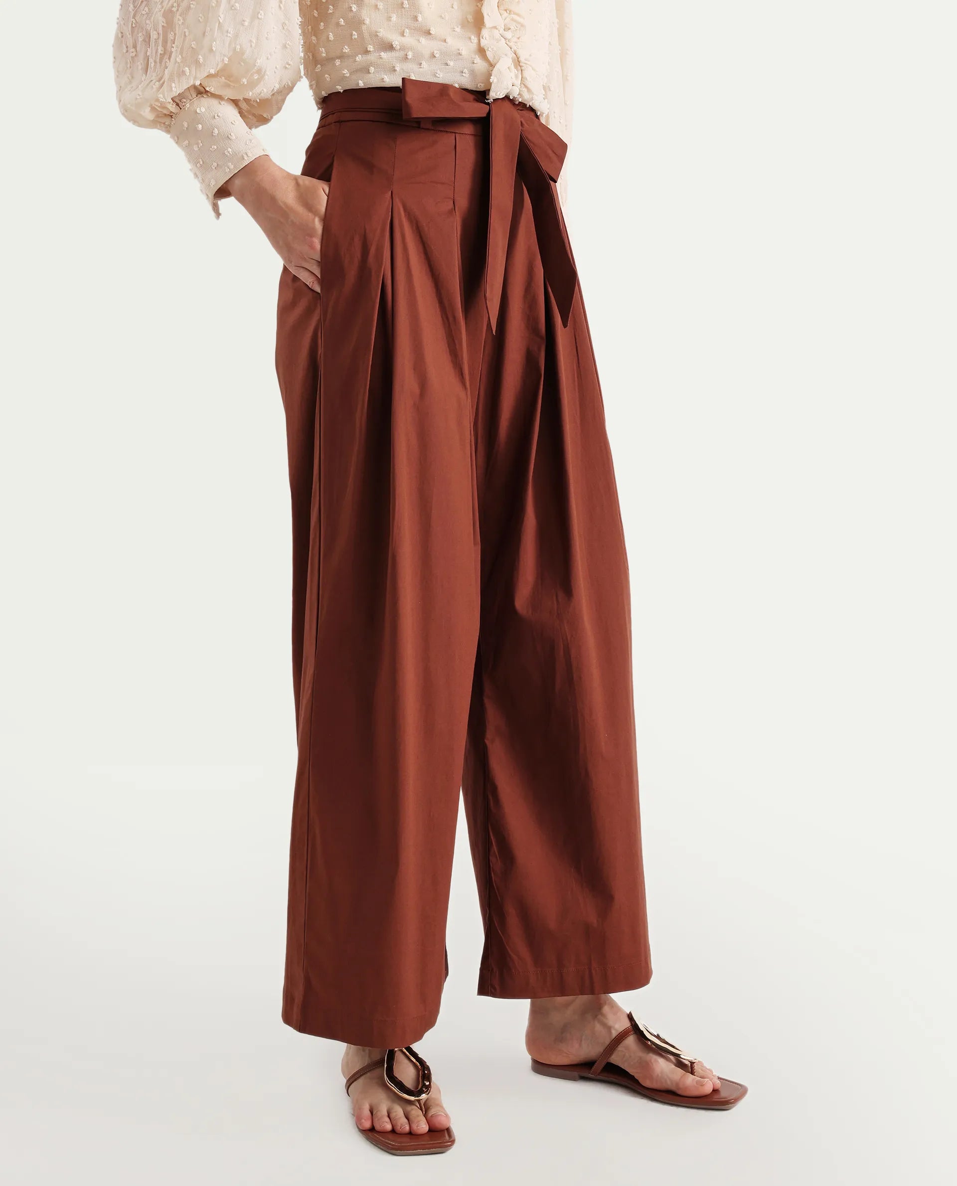 Rareism Women's Sebern Brown Cotton Blend Plain Ankle Length Flared Trouser