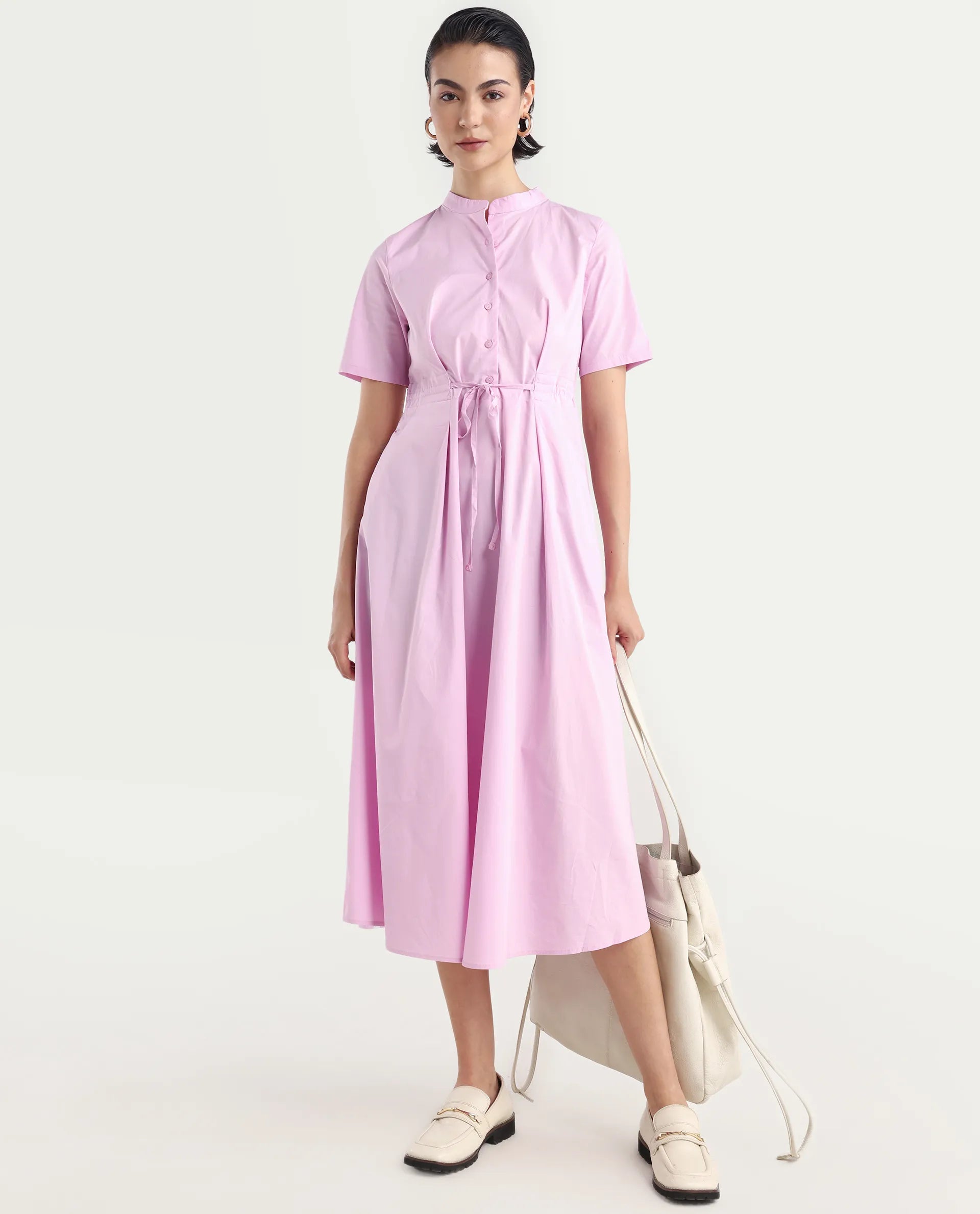 Rareism Women's Sede Pink Cotton Blend Mandarin Collar Plain Midi Flared Dress