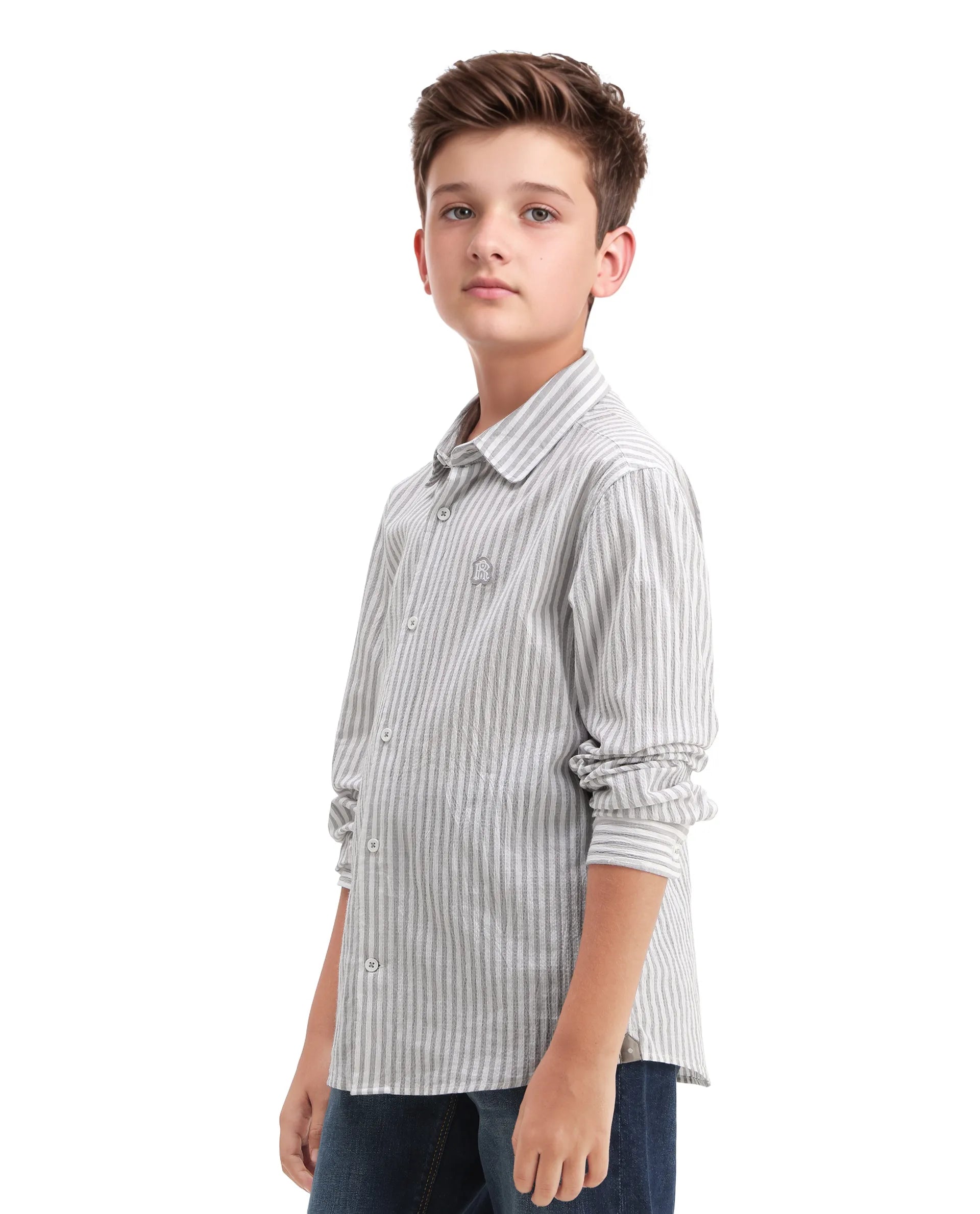 Rare Ones Kids Seer Light Grey Cotton Blend Striped Button Closure Regular Fit Shirt