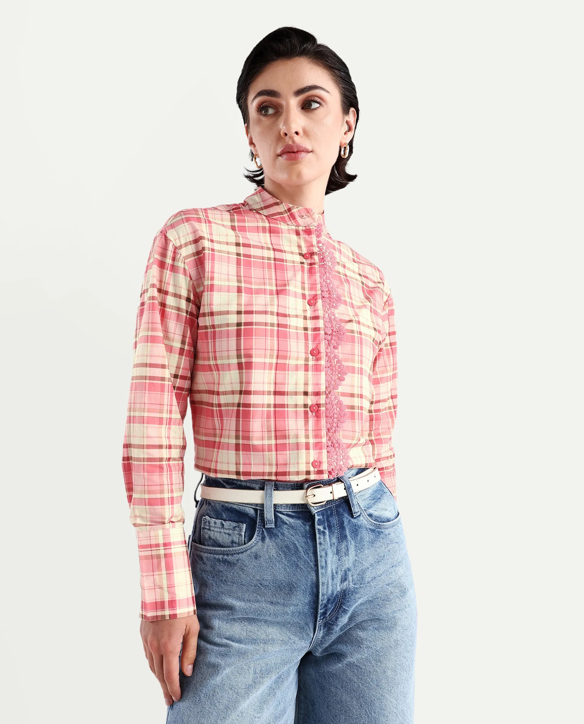 Rareism Women's Sekkum Light Pink Cotton Mandarin Collar Checked Cuffed Sleeve Regular Fit Shirt