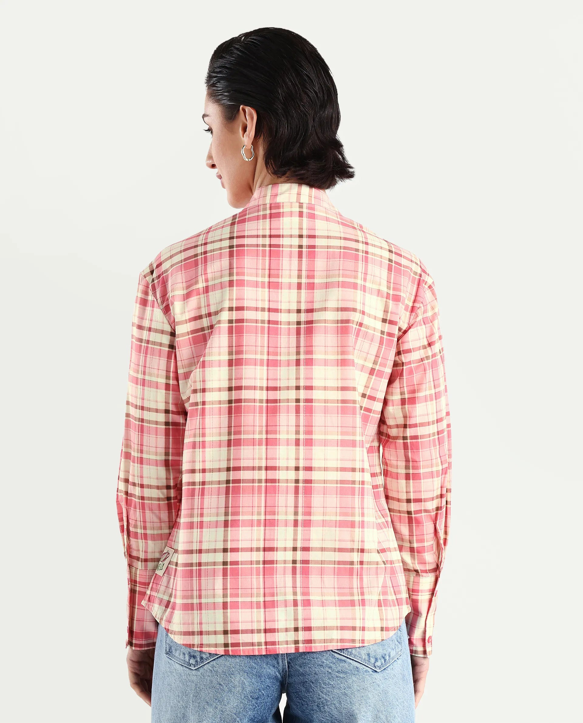 Rareism Women's Sekkum Light Pink Cotton Mandarin Collar Checked Cuffed Sleeve Regular Fit Shirt