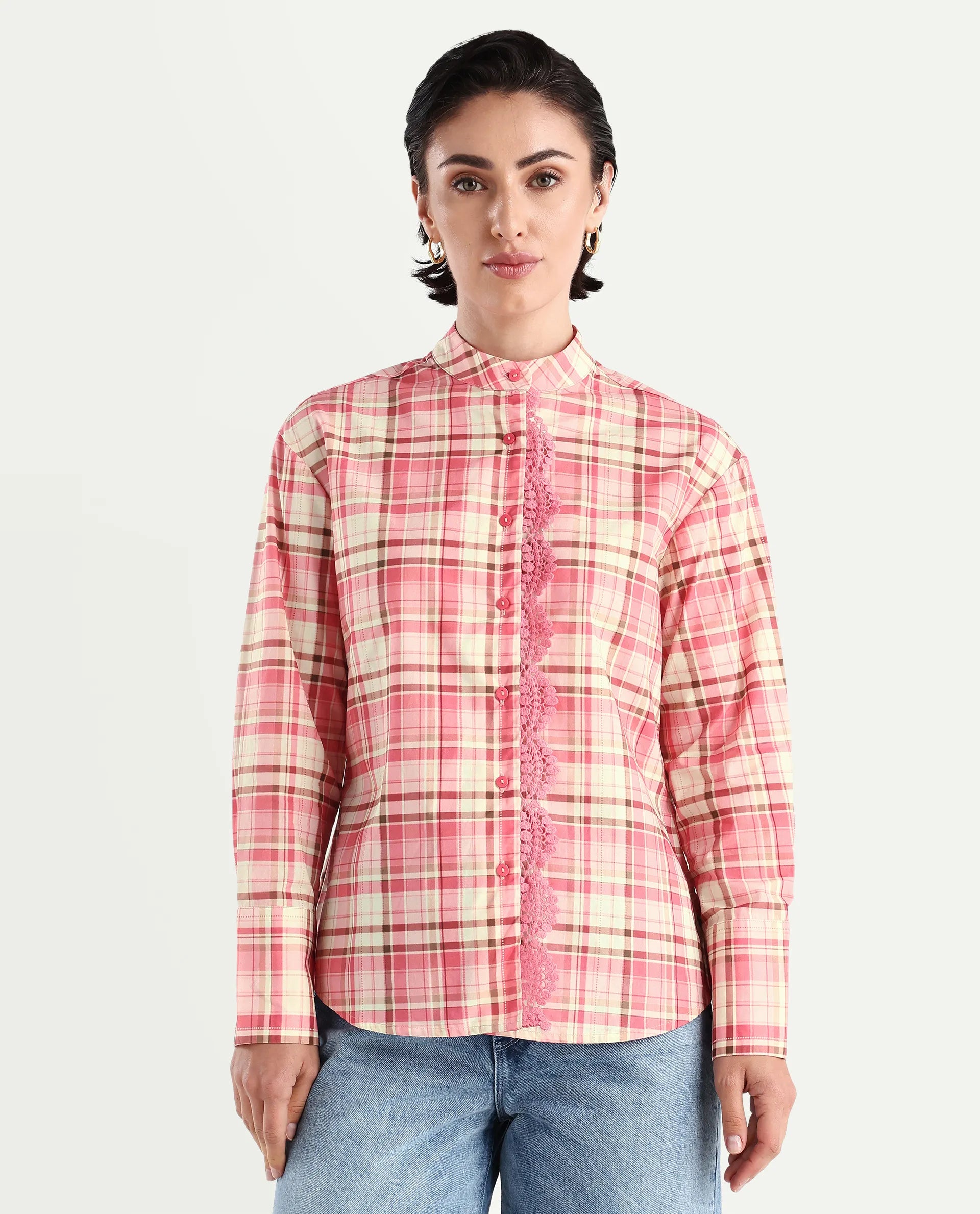 Rareism Women's Sekkum Light Pink Cotton Mandarin Collar Checked Cuffed Sleeve Regular Fit Shirt