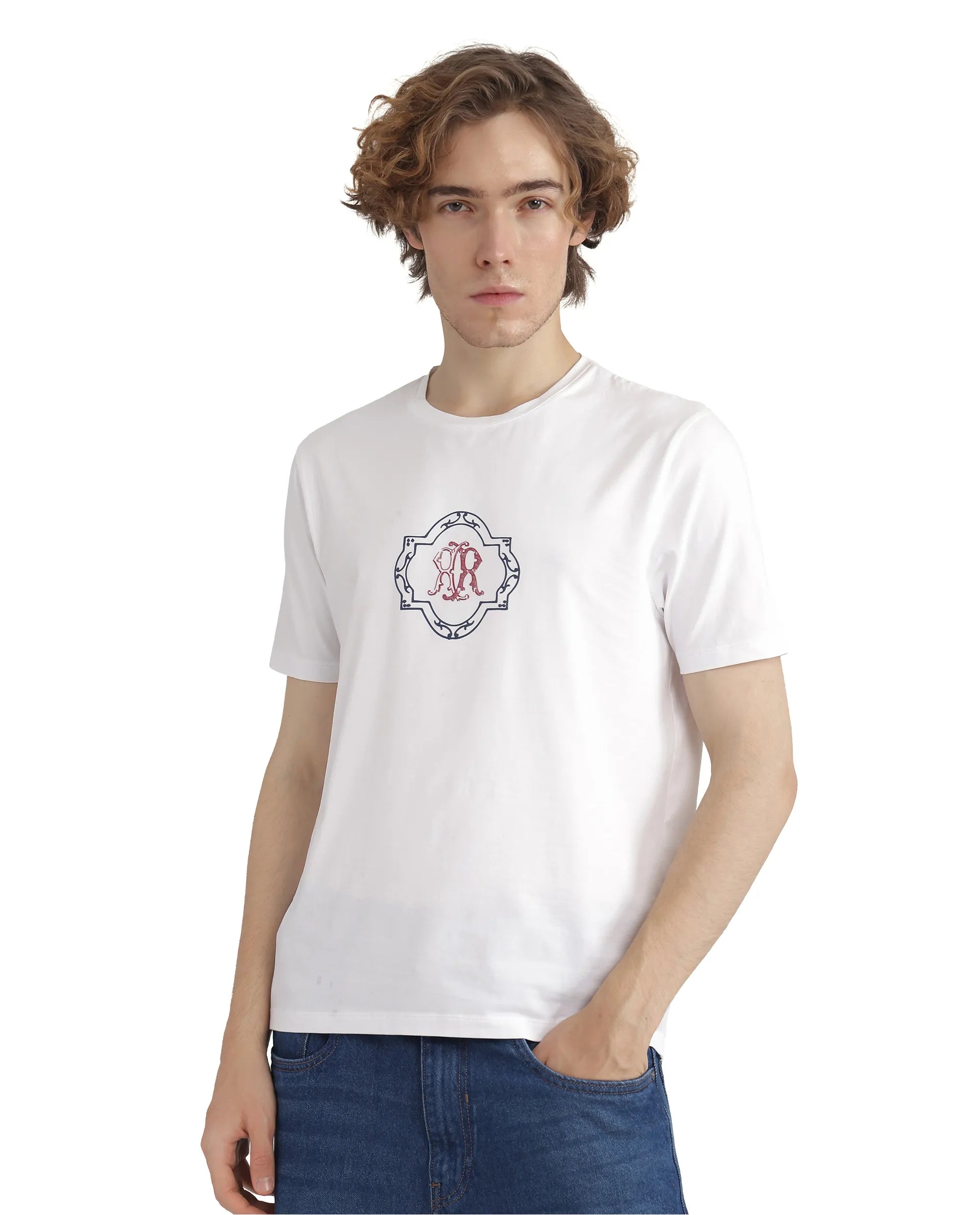 Rare Rabbit Men's Seko White Cotton Fabric Half Sleeve Crew Neck Regular Fit Graphic Print T-Shirt