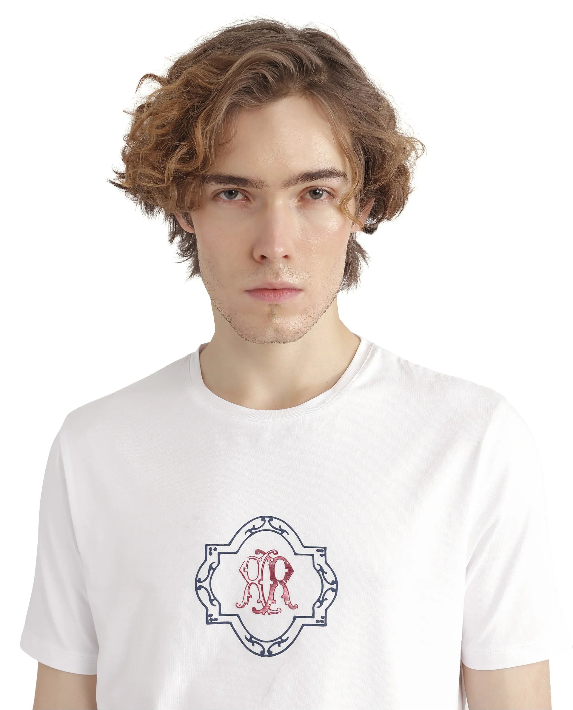 Rare Rabbit Men's Seko White Cotton Fabric Half Sleeve Crew Neck Regular Fit Graphic Print T-Shirt