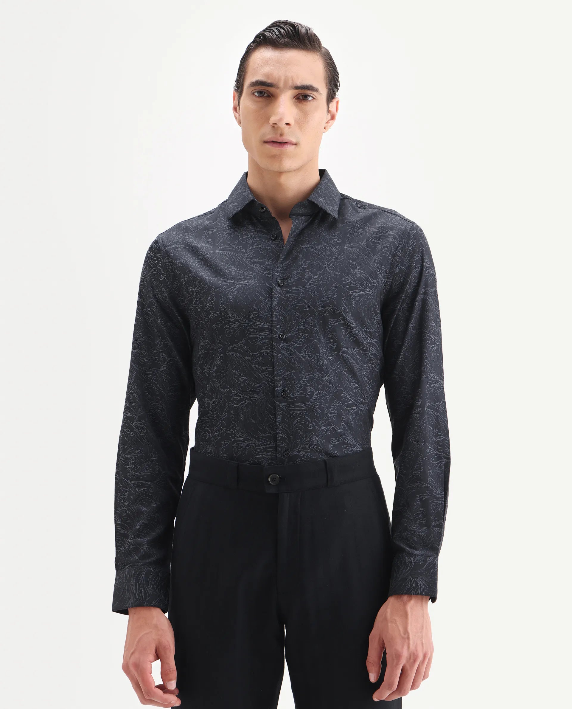Rare Rabbit Men's Seld Dusky Purple Cotton Blend Spread Collar Regular Fit Jacquard Shirt