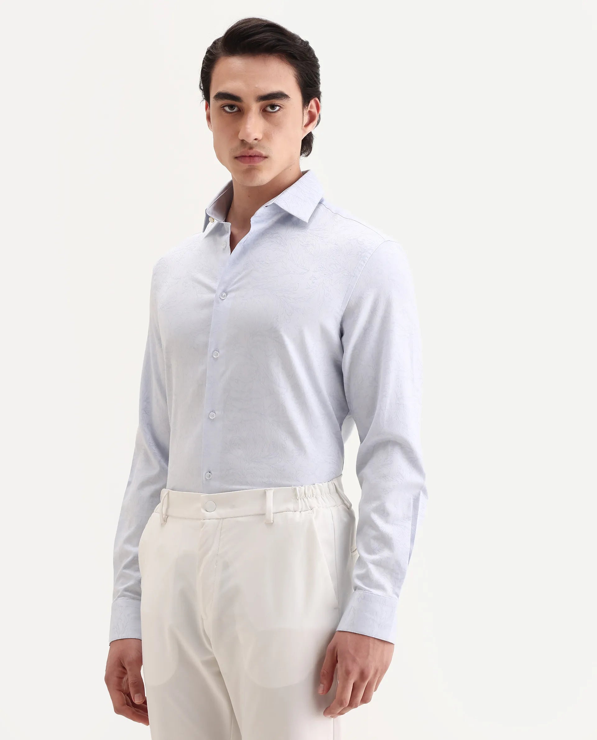 Rare Rabbit Men's Seld Pastel Blue Cotton Blend Spread Collar Regular Fit Jacquard Shirt