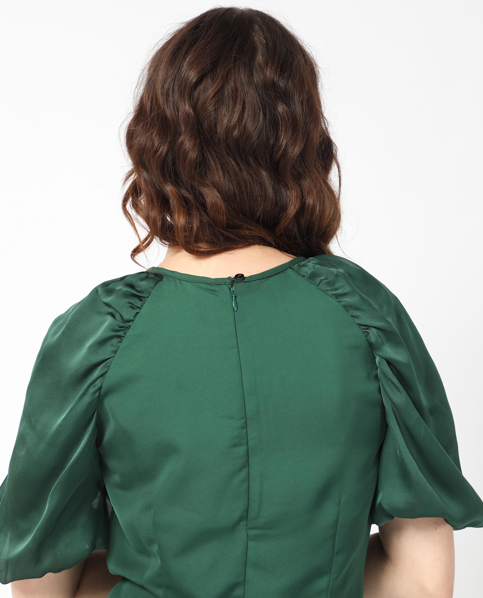 Rareism Women Seldro Green Polyester Fabric Short Sleeves Button Closure Round Neck Puff Sleeve Regular Fit Plain Short Boxy Dress