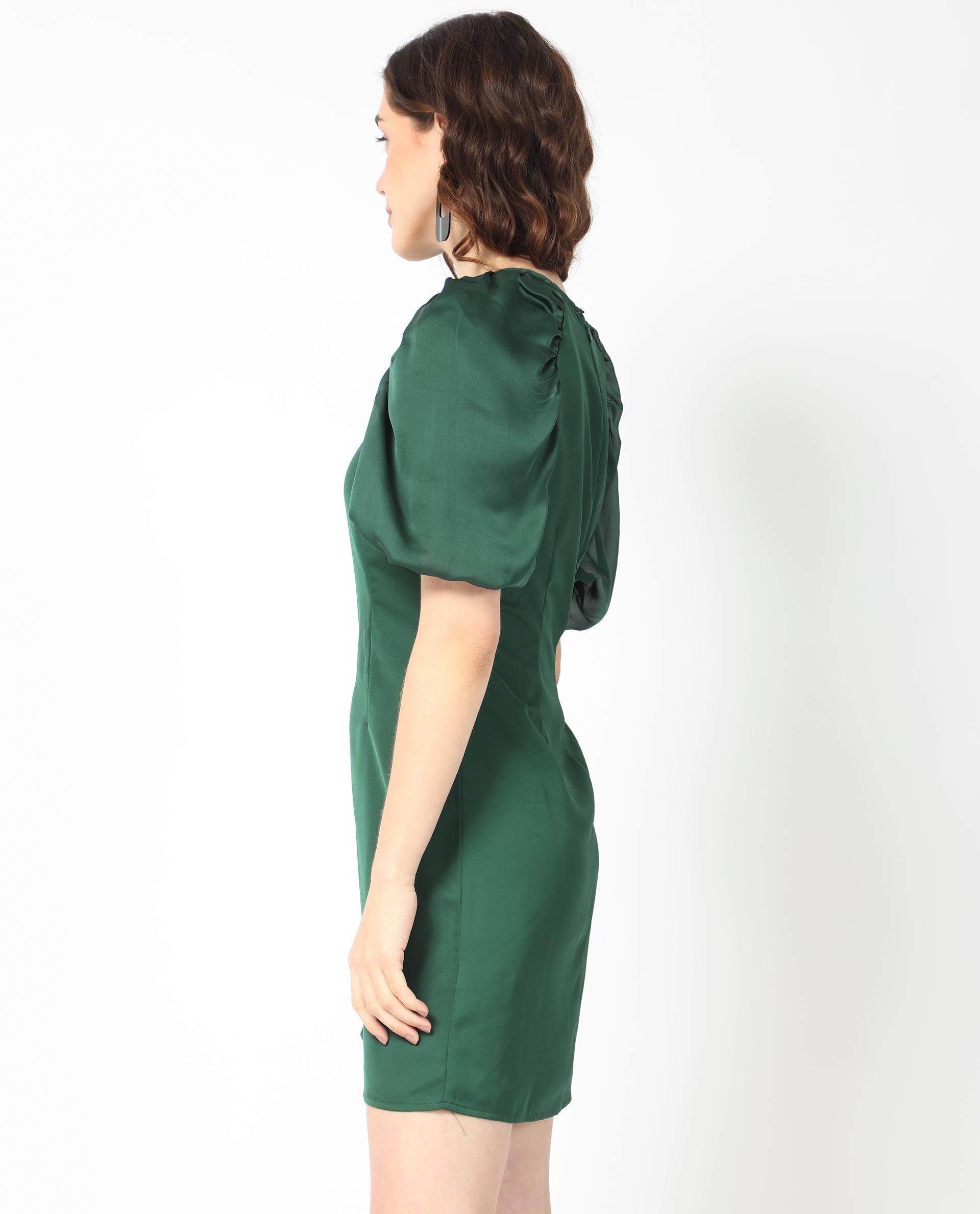 Rareism Women Seldro Green Polyester Fabric Short Sleeves Button Closure Round Neck Puff Sleeve Regular Fit Plain Short Boxy Dress