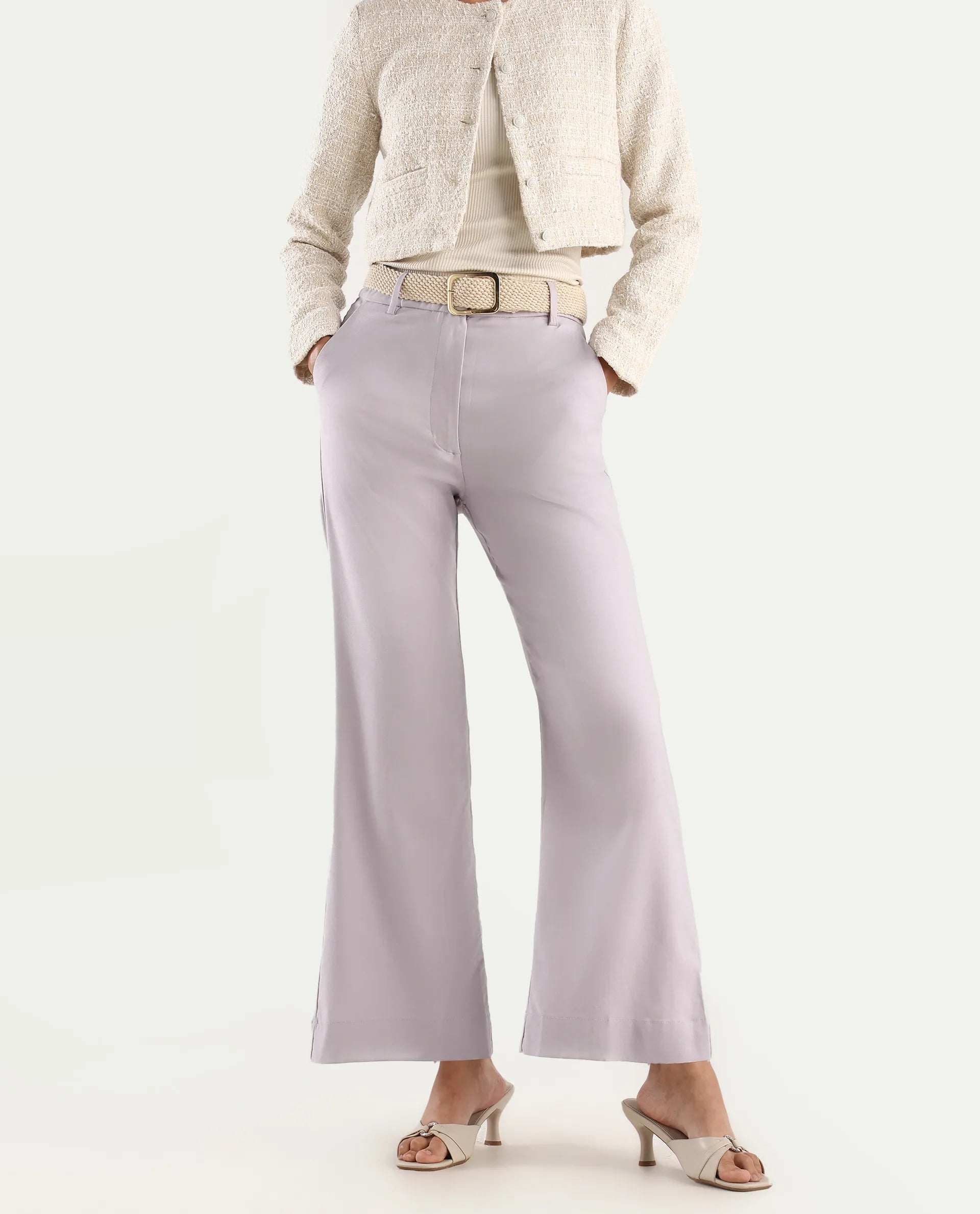 Rareism Women's Selene Purple Cotton Plain Ankle Length Straight Fit Trouser