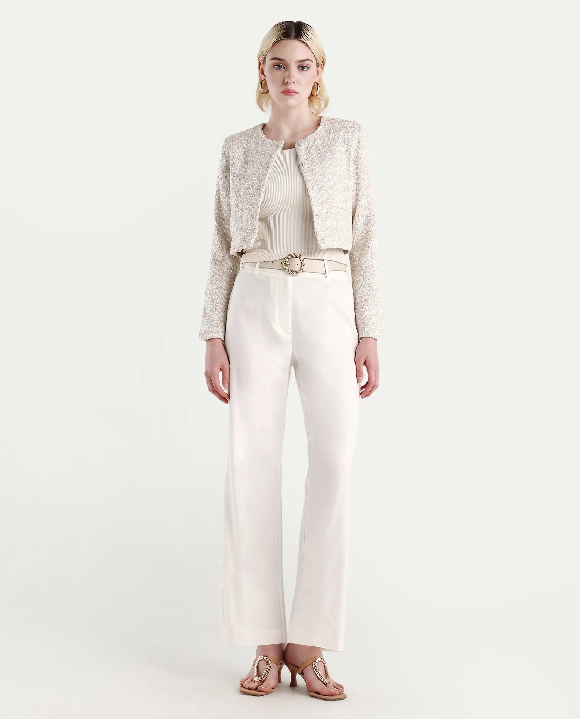 Rareism Women's Selene White Cotton Blend Plain Ankle Length Straight Fit Trouser