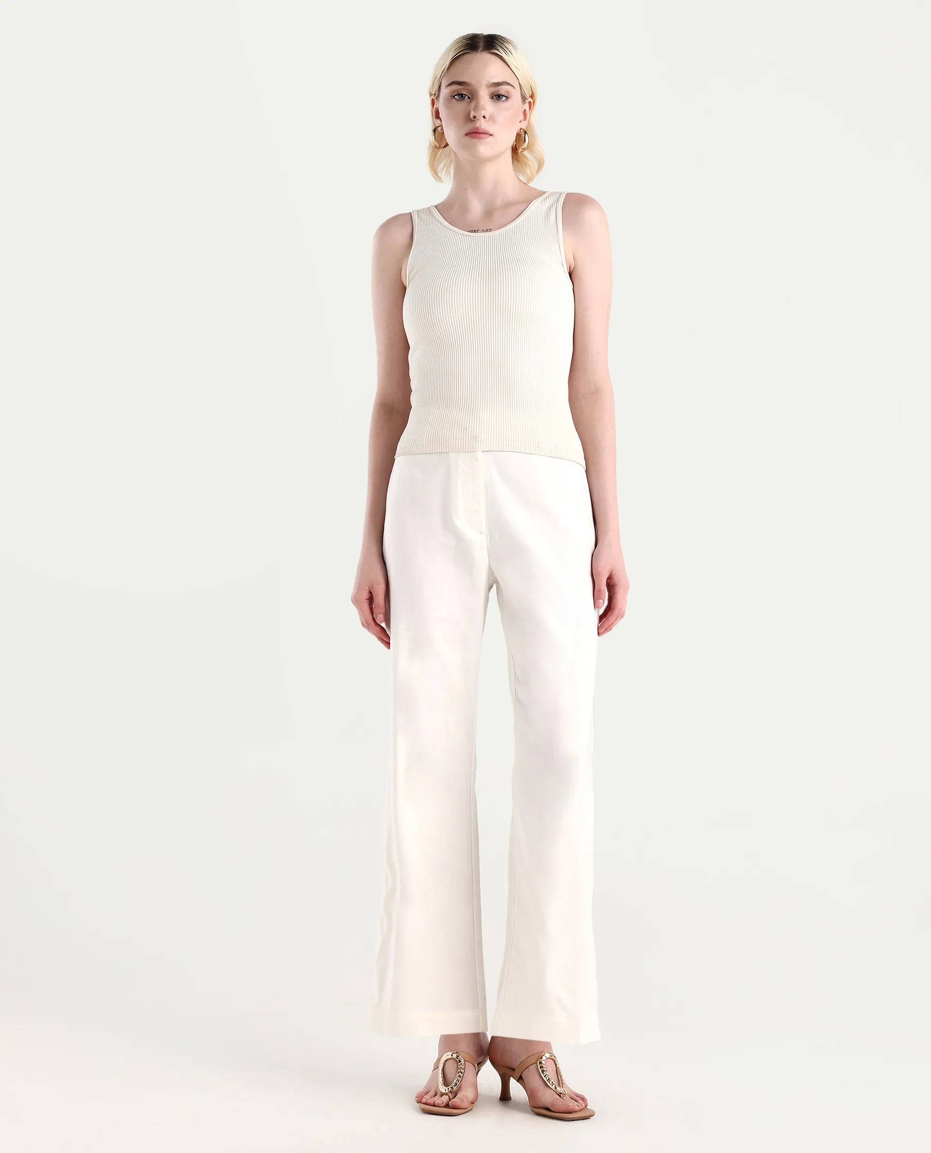 Rareism Women's Selene White Cotton Blend Plain Ankle Length Straight Fit Trouser