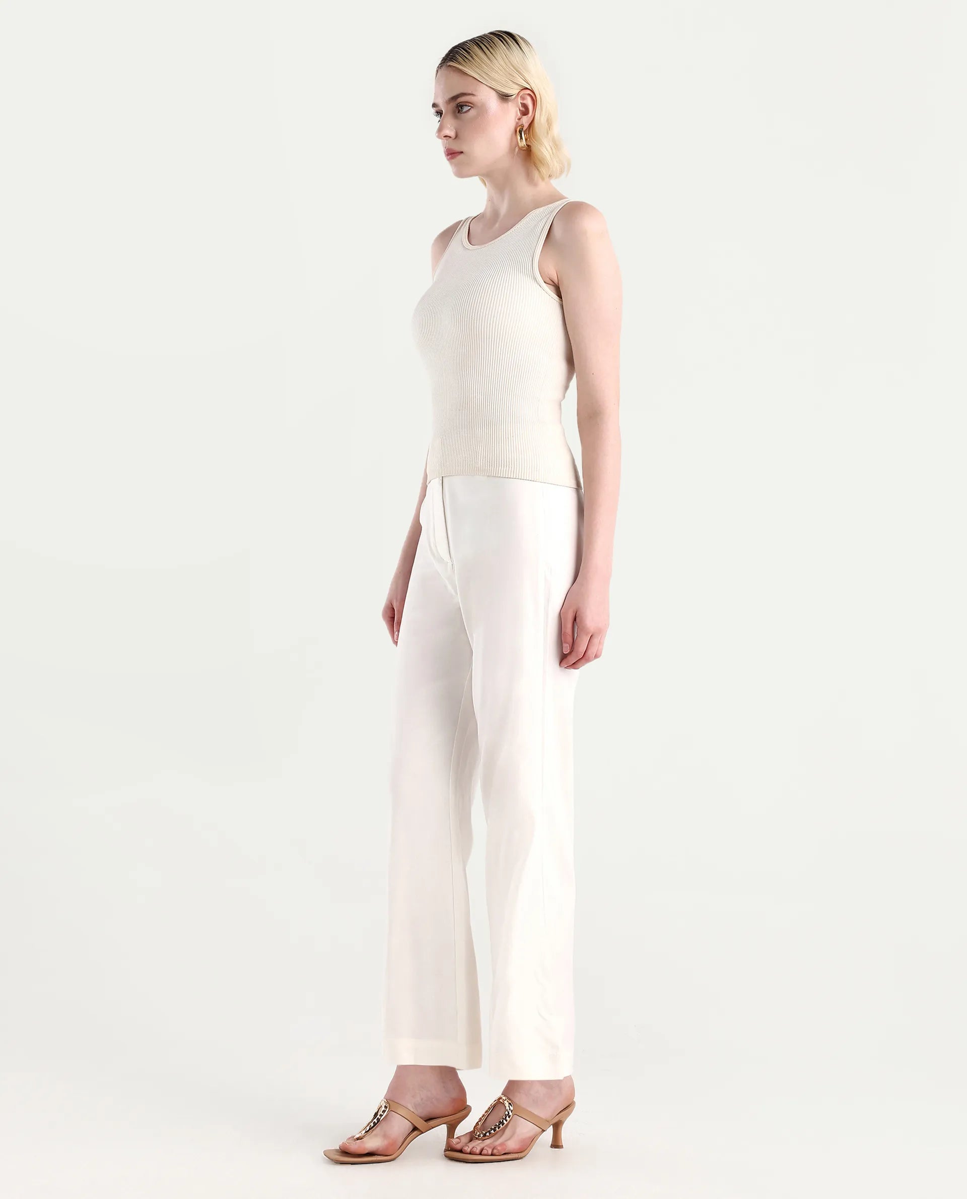 Rareism Women's Selene White Cotton Blend Plain Ankle Length Straight Fit Trouser