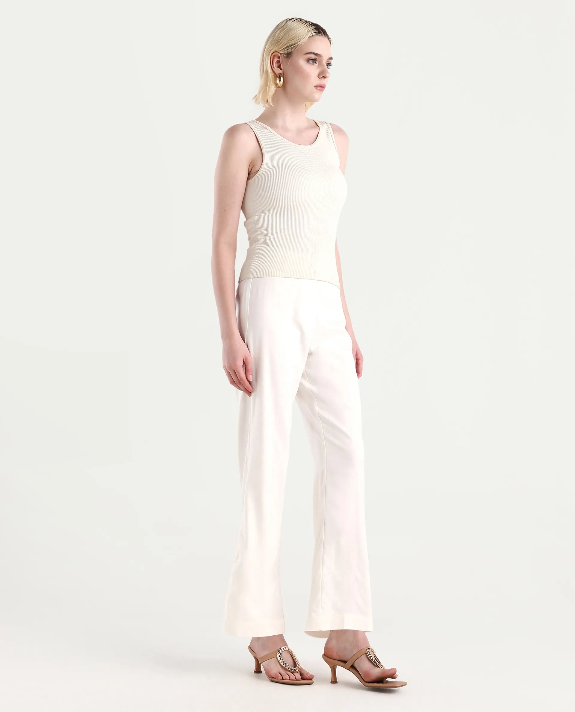 Rareism Women's Selene White Cotton Blend Plain Ankle Length Straight Fit Trouser