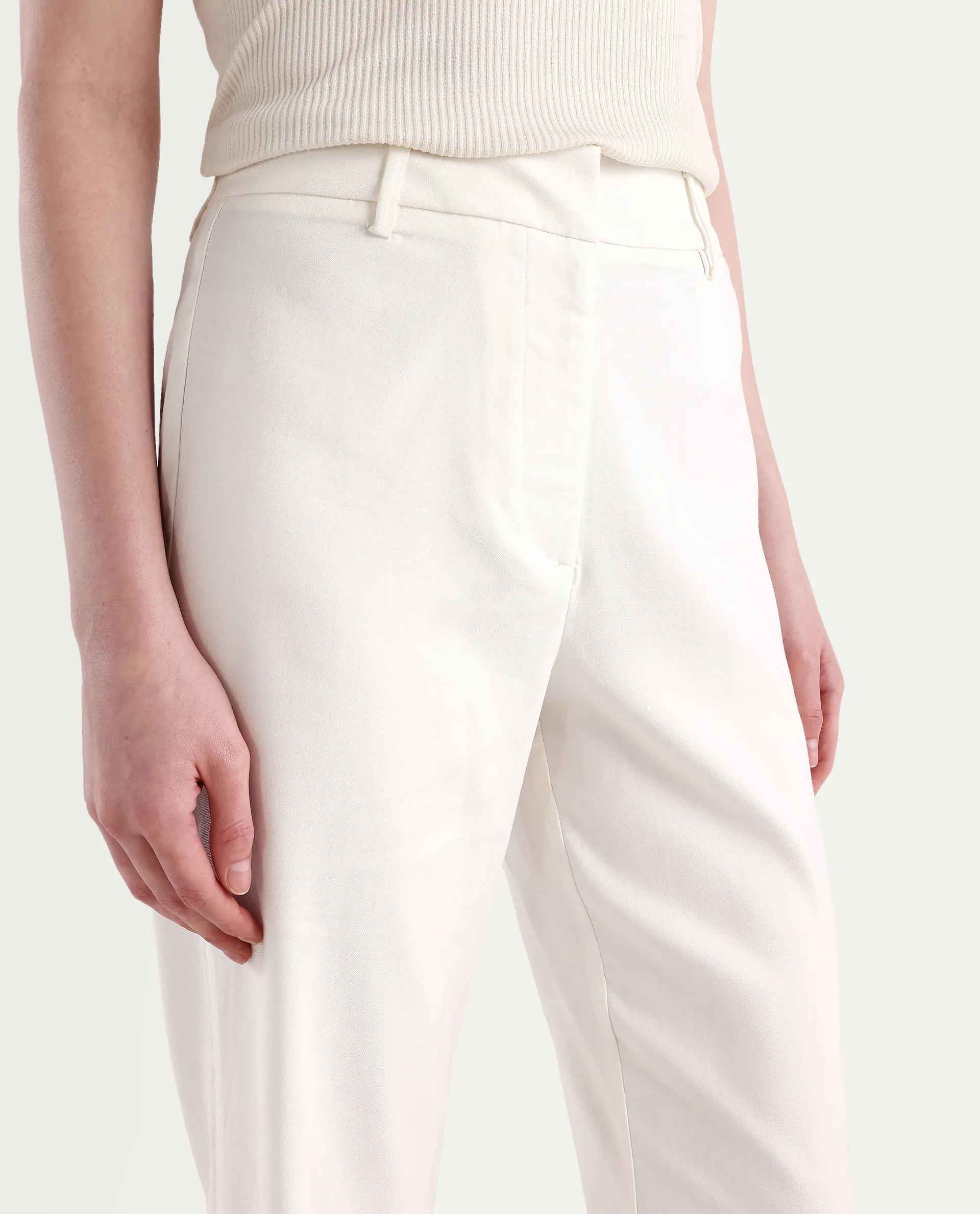 Rareism Women's Selene White Cotton Blend Plain Ankle Length Straight Fit Trouser