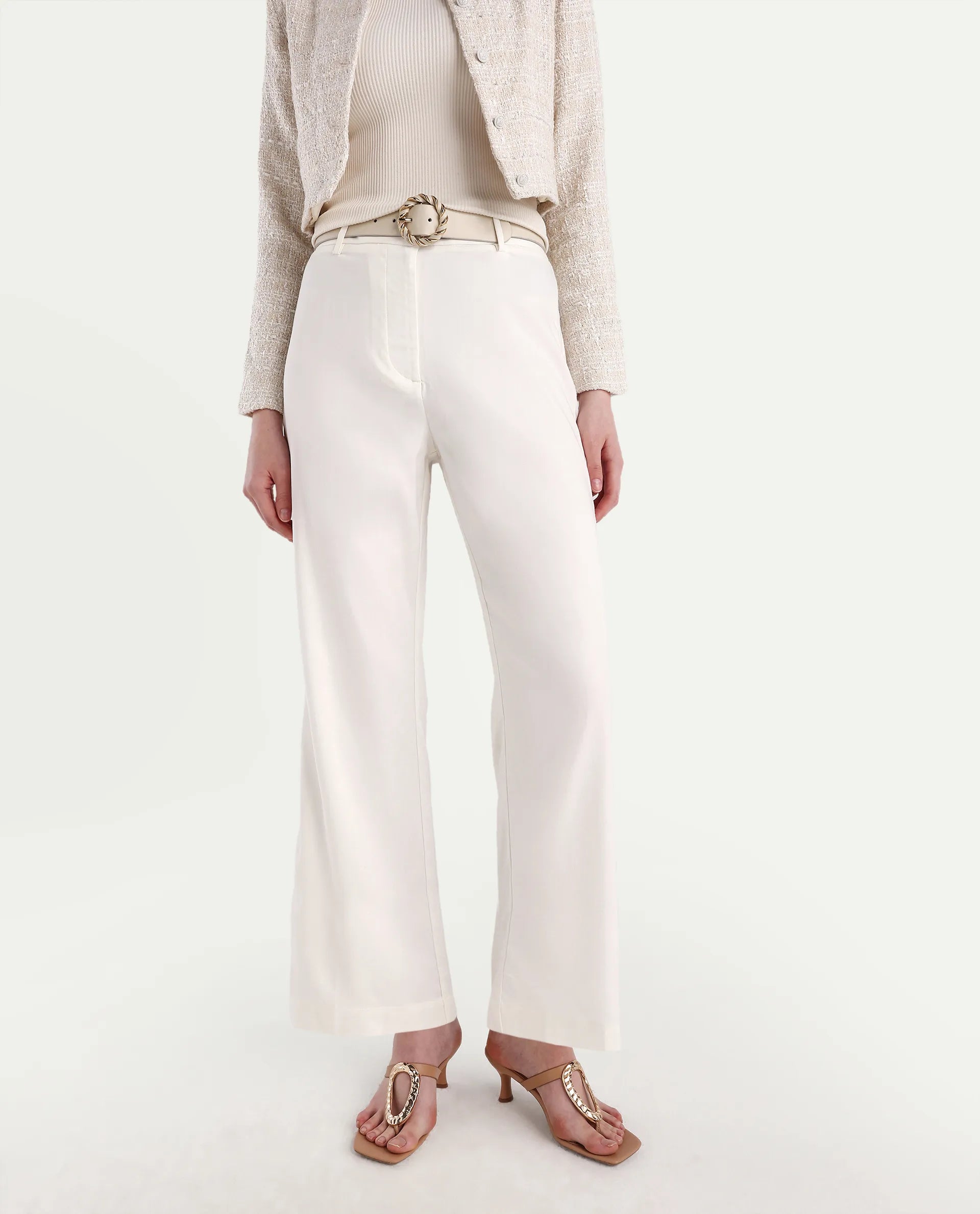 Rareism Women's Selene White Cotton Blend Plain Ankle Length Straight Fit Trouser