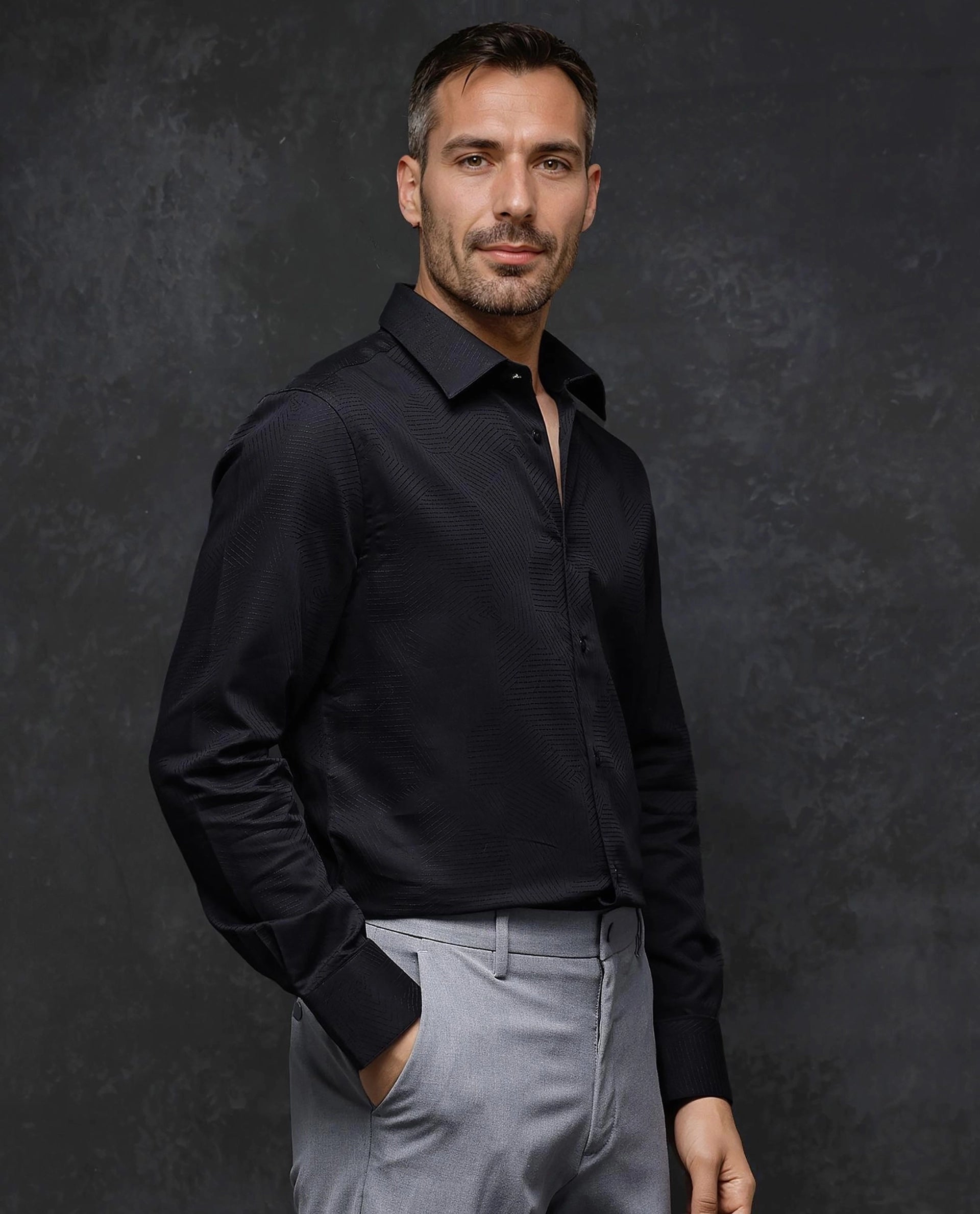 Rare Rabbit Men Selve Black Jacquard Weave Regular Collar Full Sleeve Premium Business Regular Fit Shirt