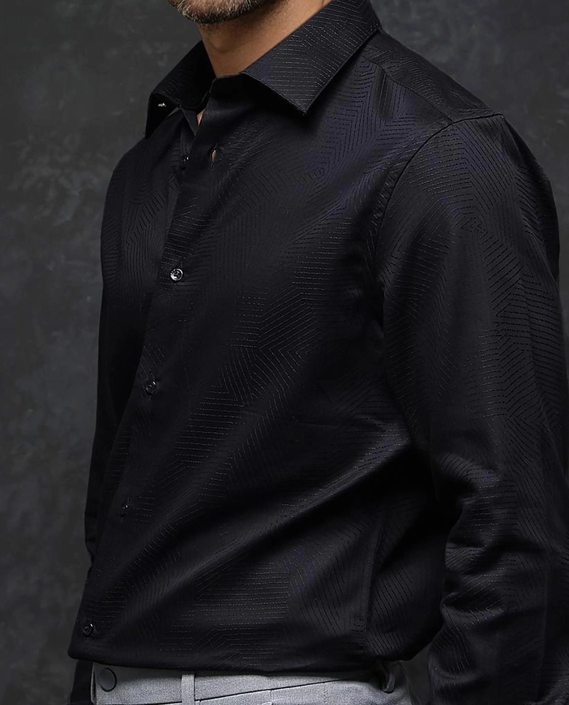 Rare Rabbit Men Selve Black Jacquard Weave Regular Collar Full Sleeve Premium Business Regular Fit Shirt