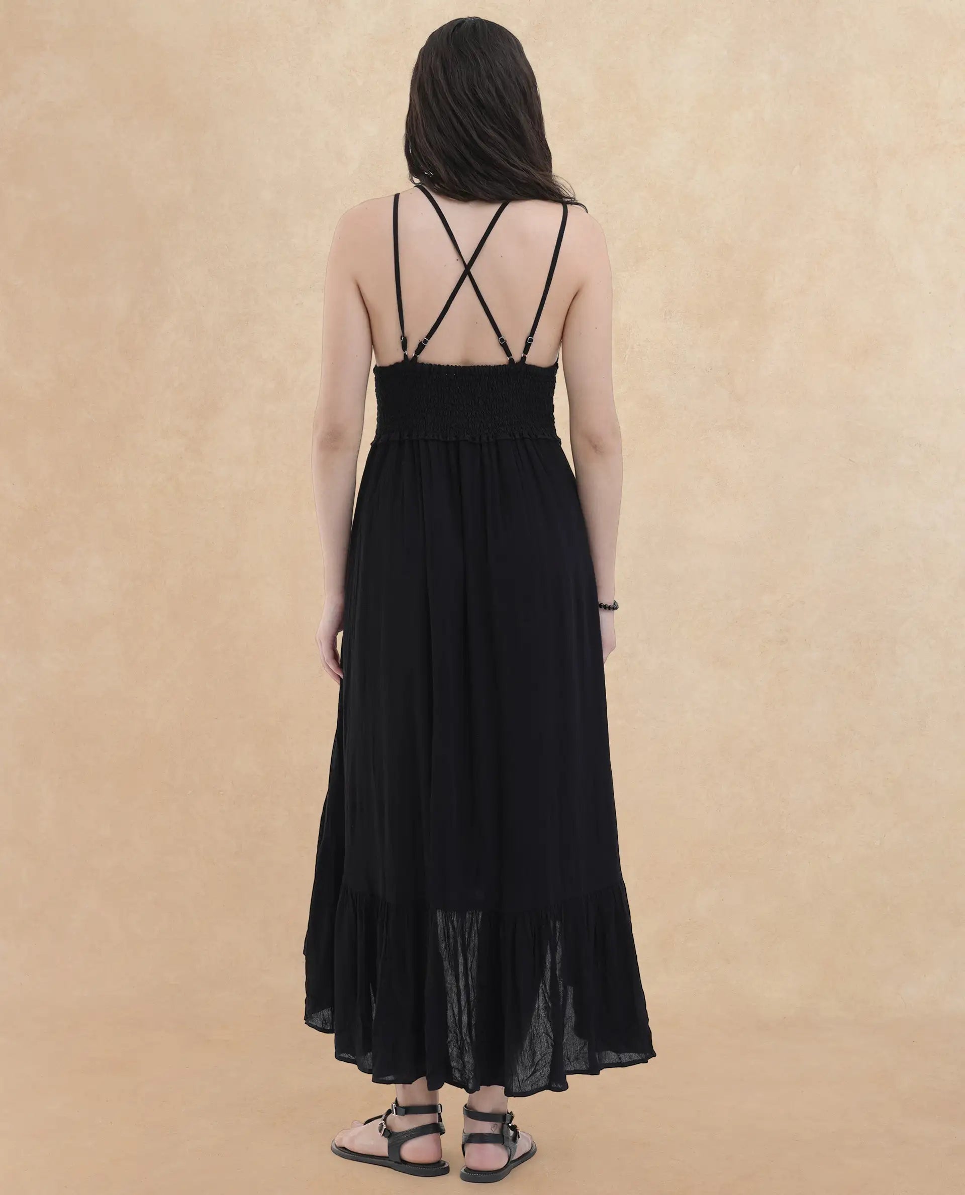 Rareism Women's Semolina Black Shoulder Straps Slip-On Closure Sleeveless Plain Fit And Flare Maxi Dress