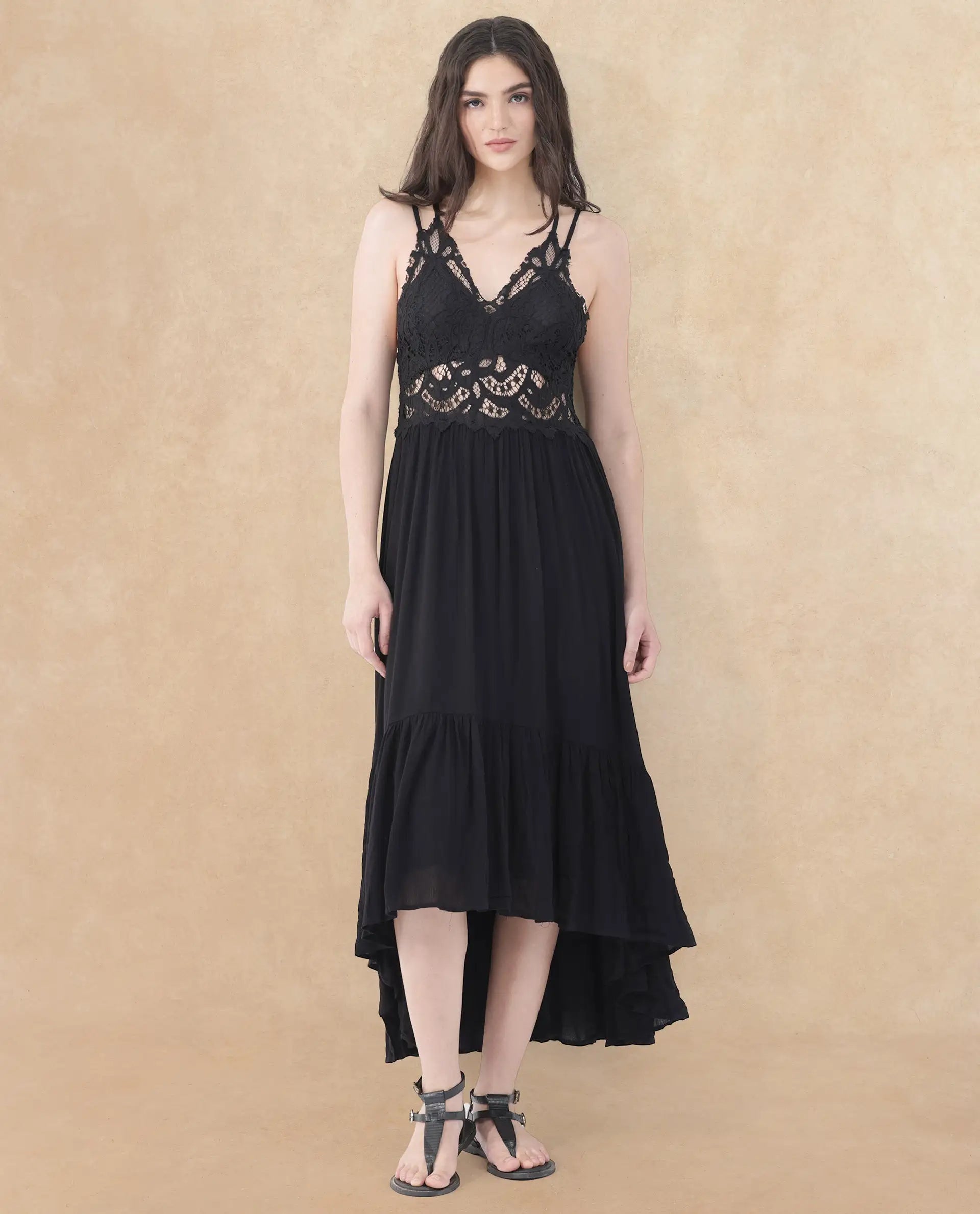 Rareism Women's Semolina Black Shoulder Straps Slip-On Closure Sleeveless Plain Fit And Flare Maxi Dress