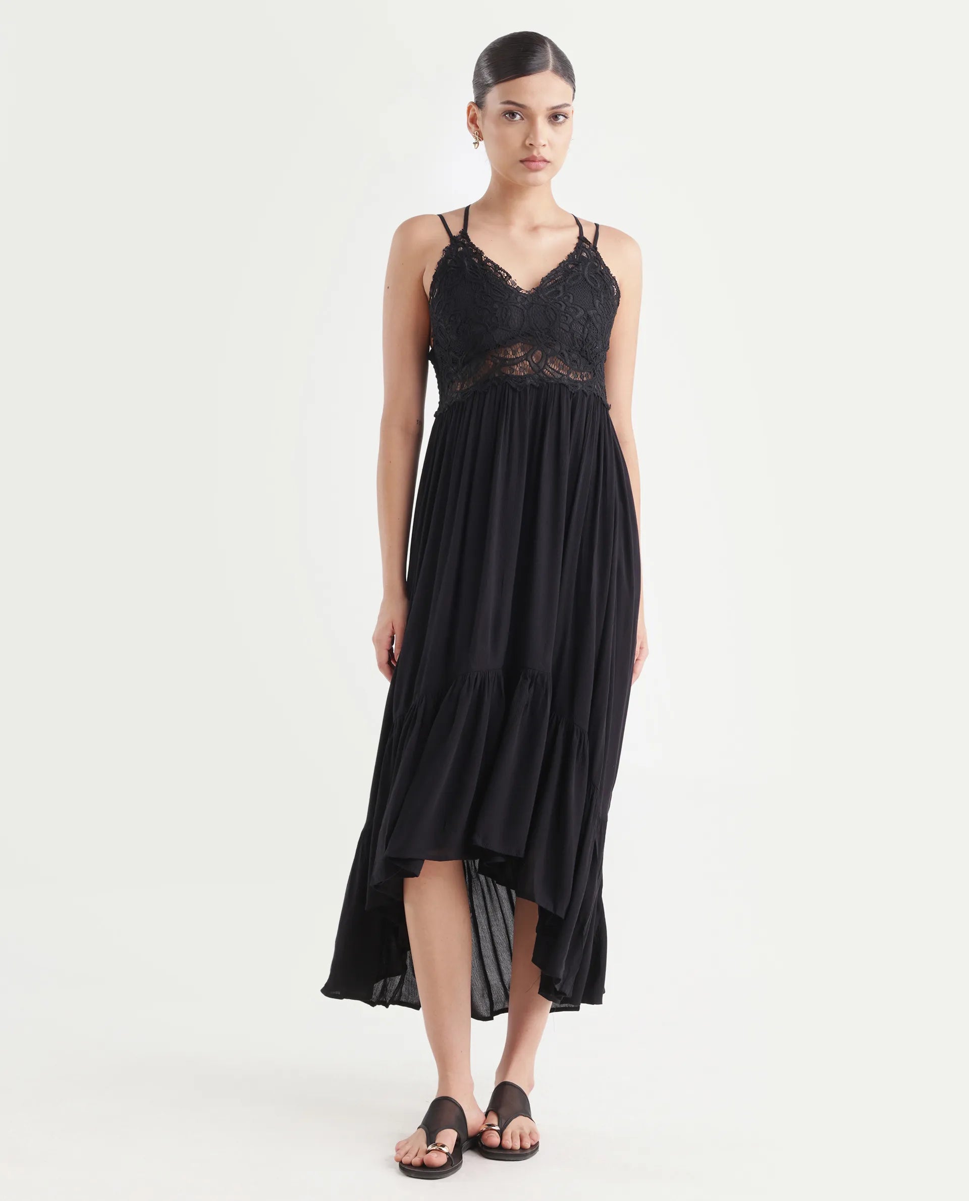 Rareism Women's Semolina Black Shoulder Strap Plain Shoulder Strap Maxi Fit And Flare Dress