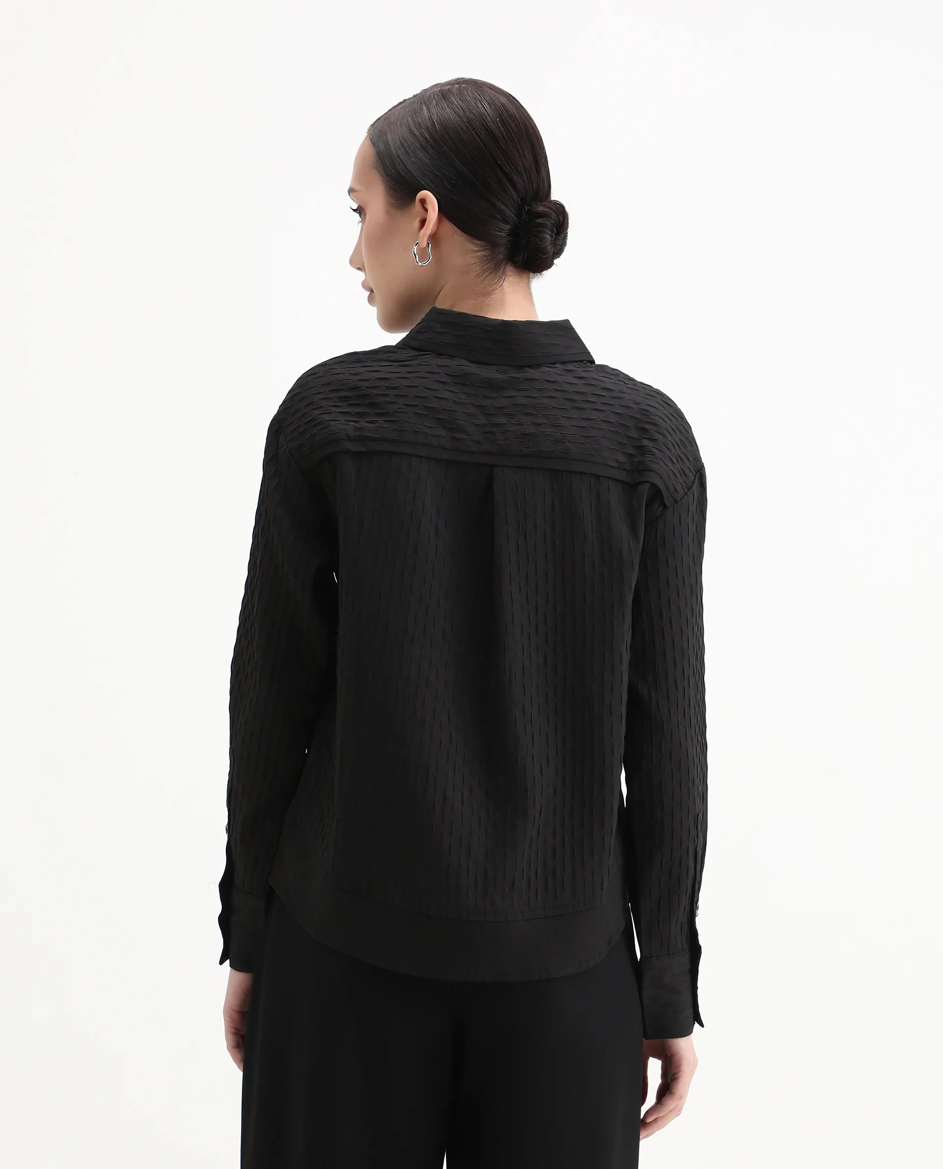 Rareism Women's Semsu Black Textured Spread Collar Plain Cuffed Sleeve Regular Fit Shirt