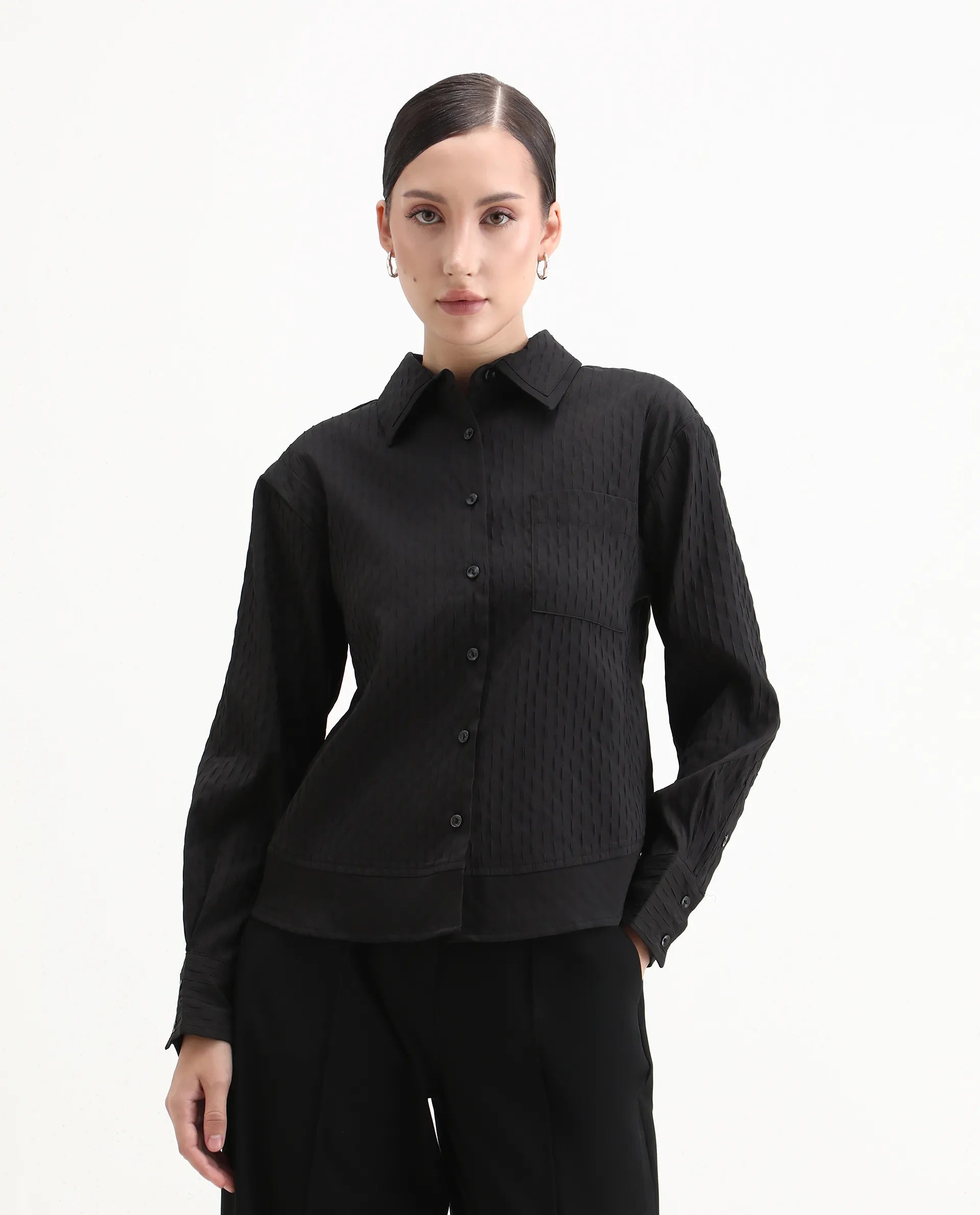 Rareism Women's Semsu Black Textured Spread Collar Plain Cuffed Sleeve Regular Fit Shirt