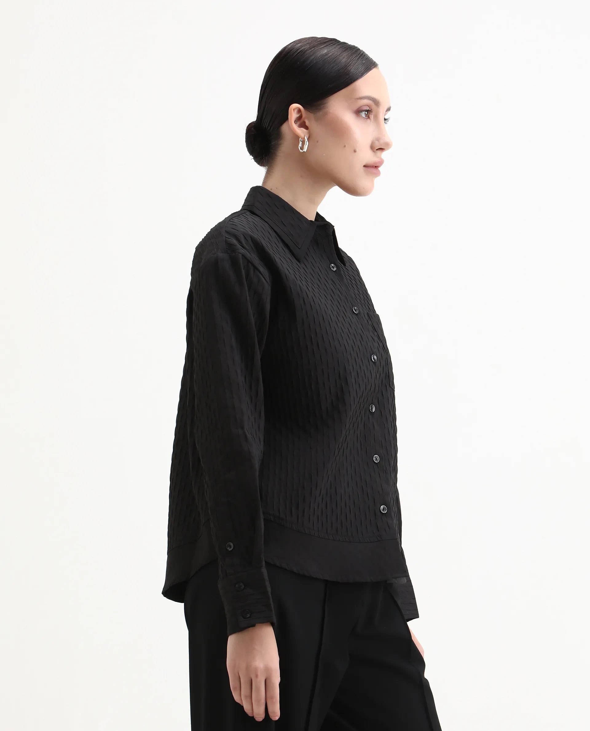 Rareism Women's Semsu Black Textured Spread Collar Plain Cuffed Sleeve Regular Fit Shirt