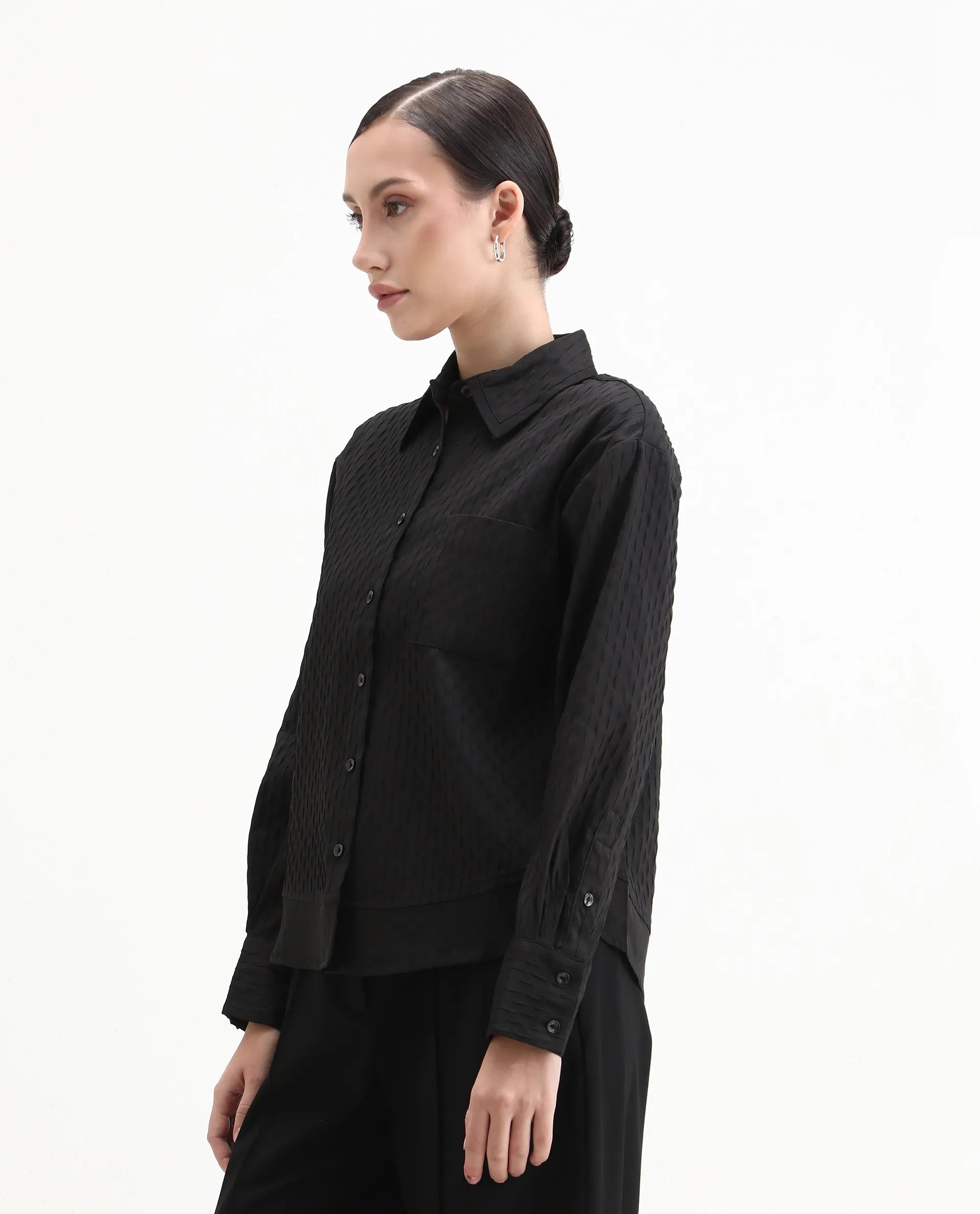 Rareism Women's Semsu Black Textured Spread Collar Plain Cuffed Sleeve Regular Fit Shirt