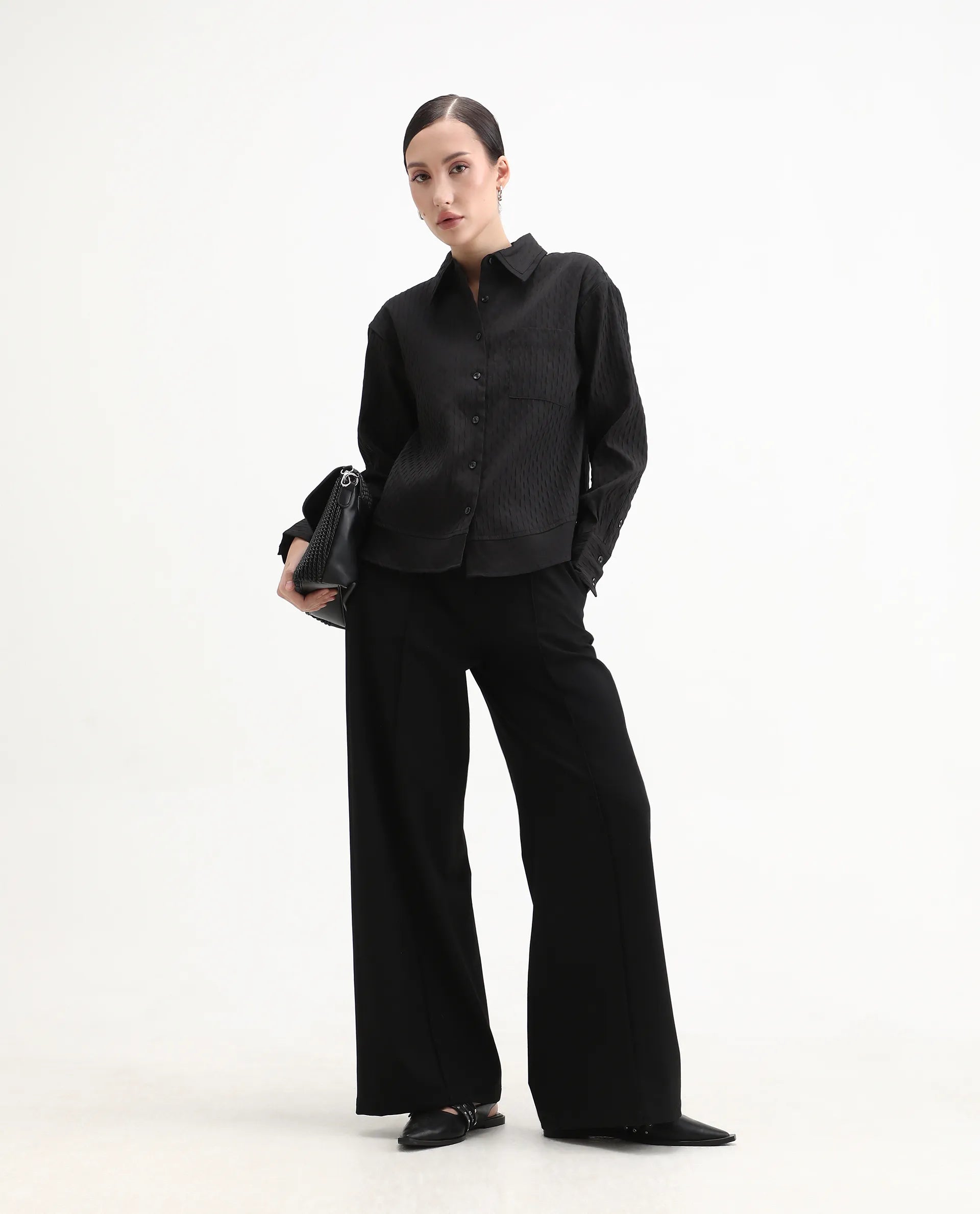 Rareism Women's Semsu Black Textured Spread Collar Plain Cuffed Sleeve Regular Fit Shirt