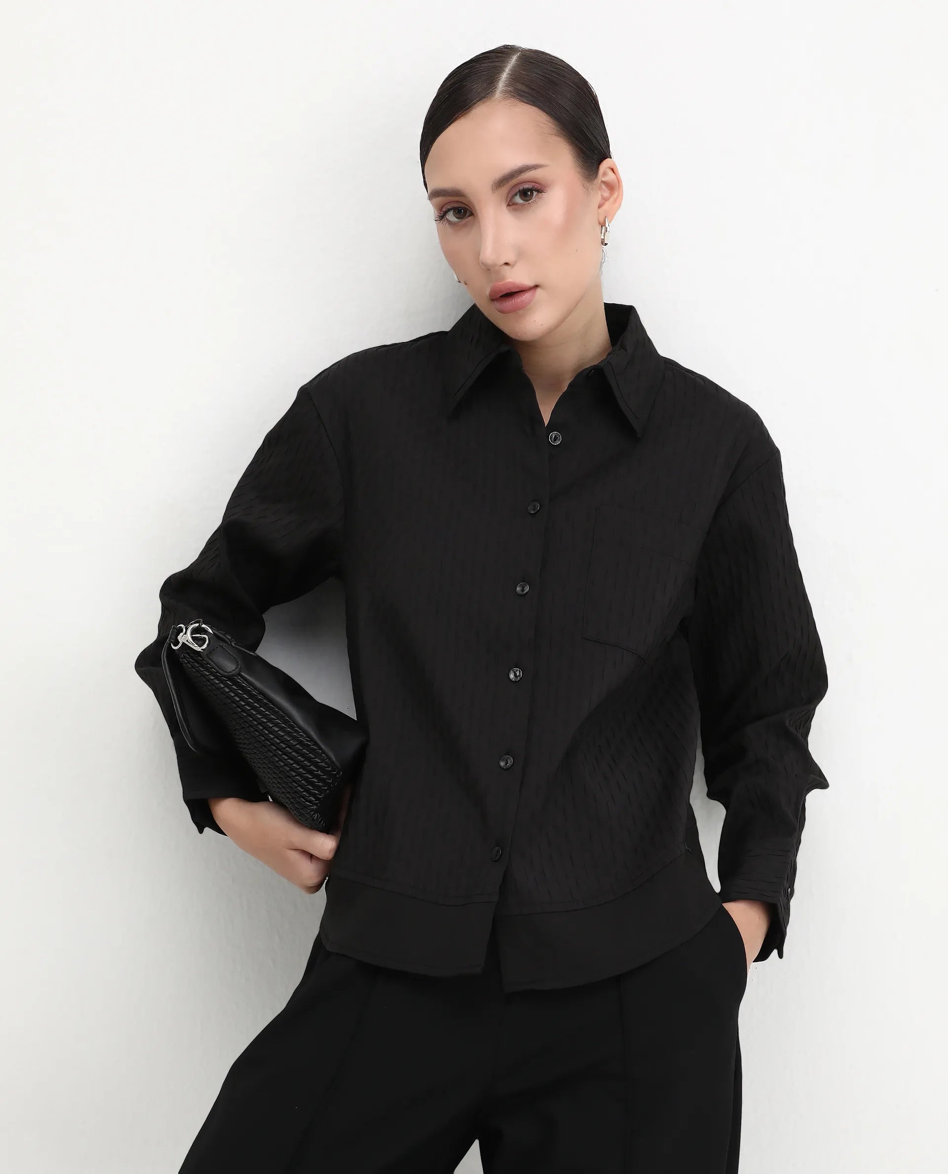 Rareism Women's Semsu Black Textured Spread Collar Plain Cuffed Sleeve Regular Fit Shirt