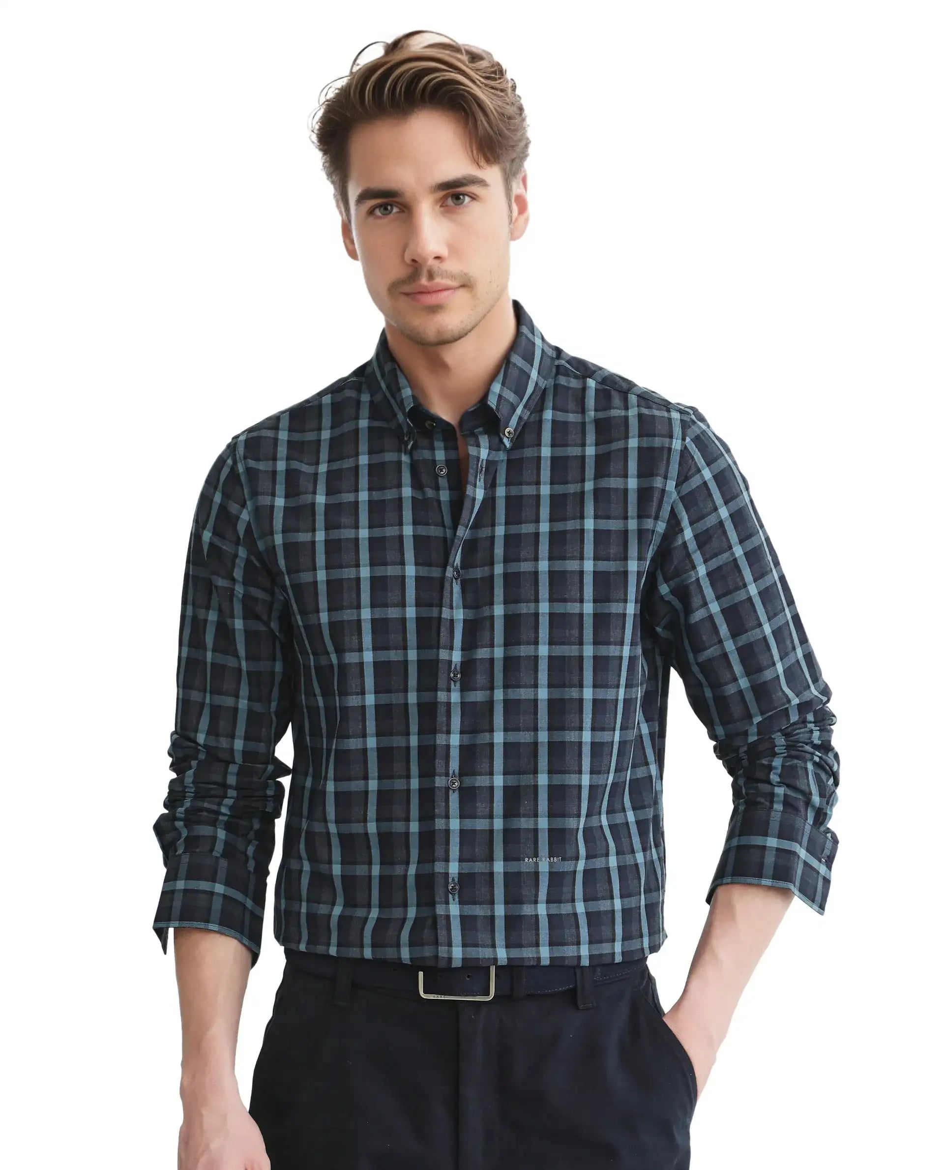 Rare Rabbit Men's Senf Navy Cotton Checked Print Regular Fit Full Sleeve Collared Shirt