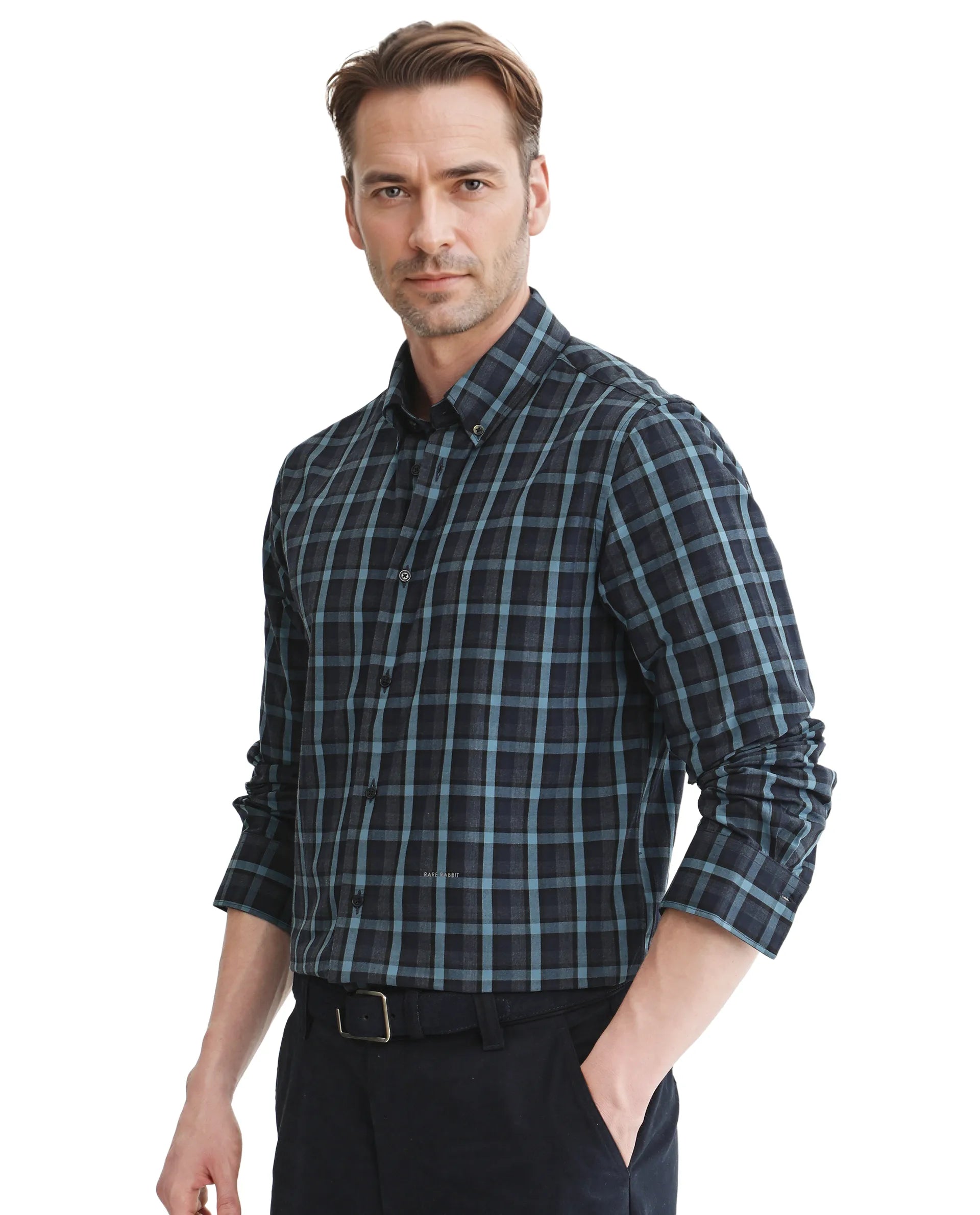 Rare Rabbit Men's Senf Navy Cotton Fabric Full Sleeve Collared Neck Checks Shirt