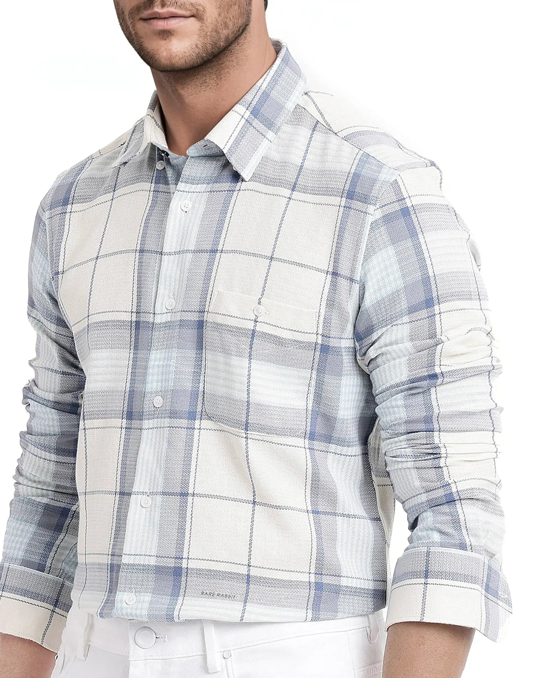 Rare Rabbit Men Senza Off White Cotton Fabric Full Sleeve Button Down Collar Regular Fit Check Shirt
