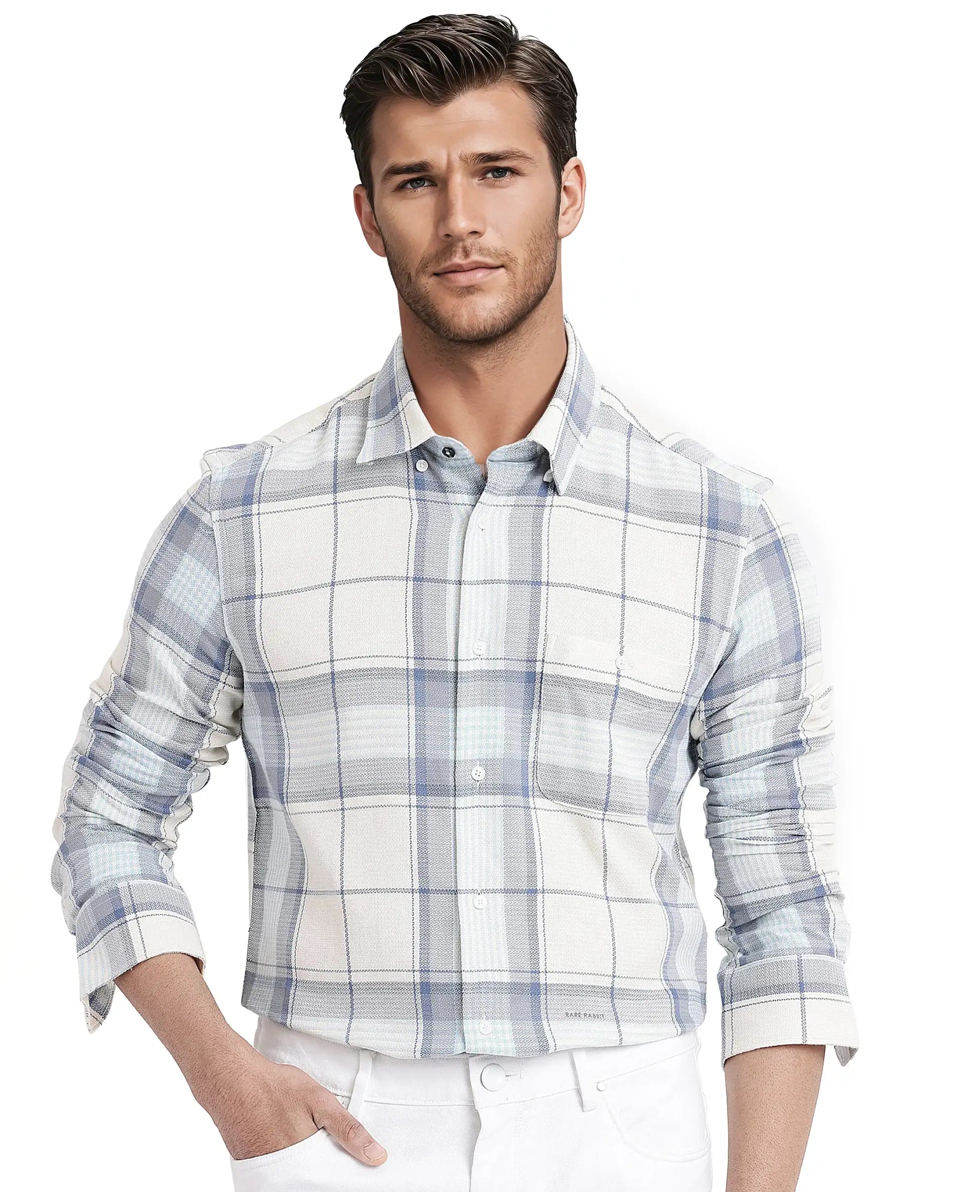 Rare Rabbit Men Senza Off White Cotton Fabric Full Sleeve Button Down Collar Regular Fit Check Shirt