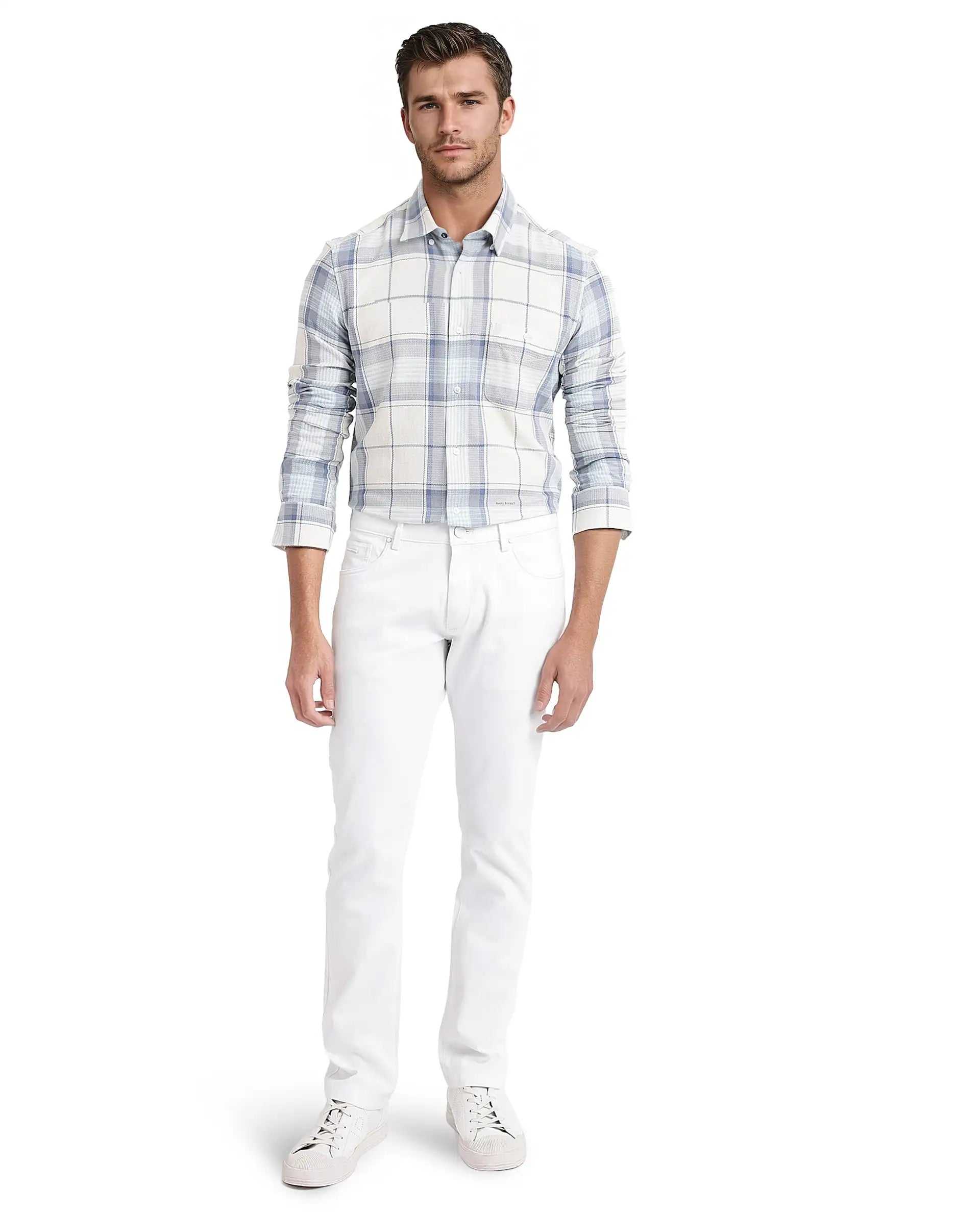 Rare Rabbit Men Senza Off White Cotton Fabric Full Sleeve Button Down Collar Regular Fit Check Shirt