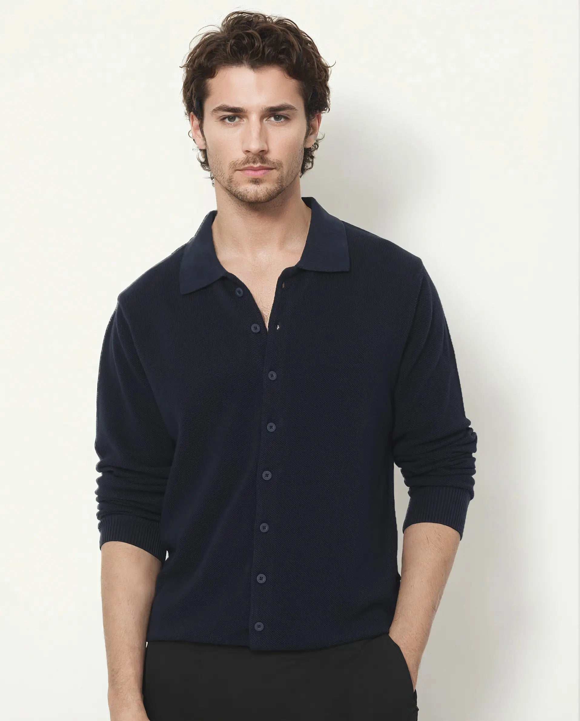 Rare Rabbit Men's Alias-N Navy Cotton Plain Regular Fit Full Sleeve Collared Shirt