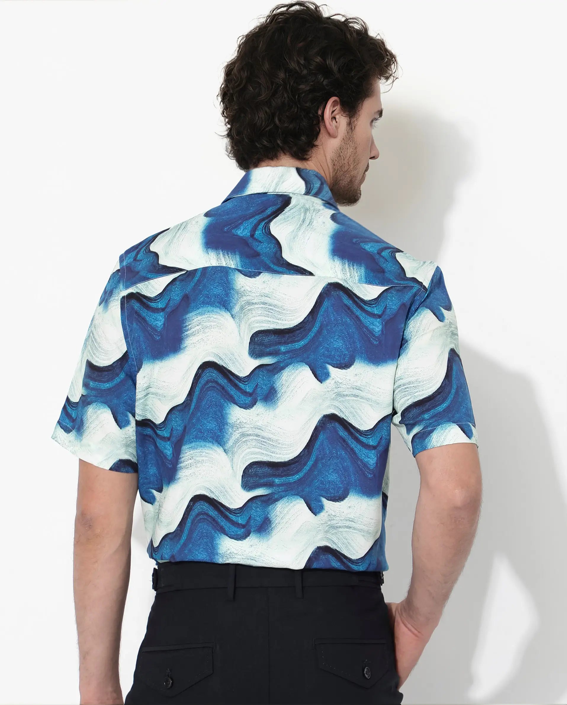 Rare Rabbit Men's Tijon Blue Viscose Abstract Print Regular Fit Half Sleeve Collared Shirt