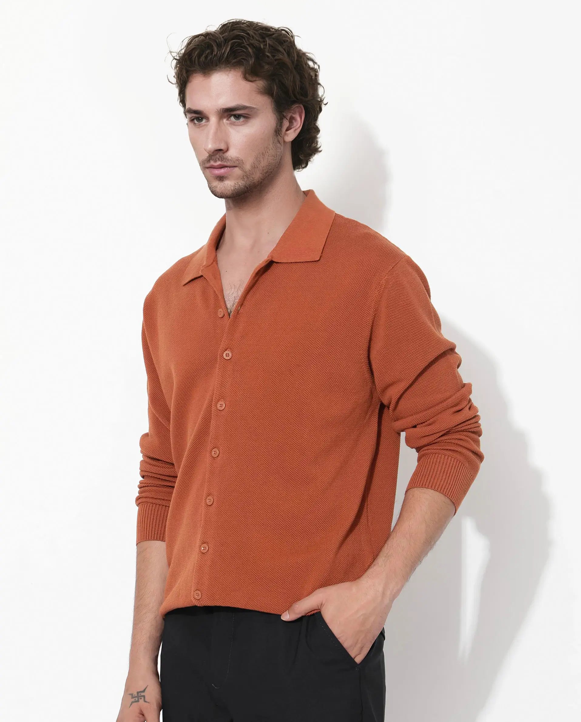 Rare Rabbit Men's Alias-N Dusky Rust Cotton Plain Regular Fit Full Sleeve Collared Shirt