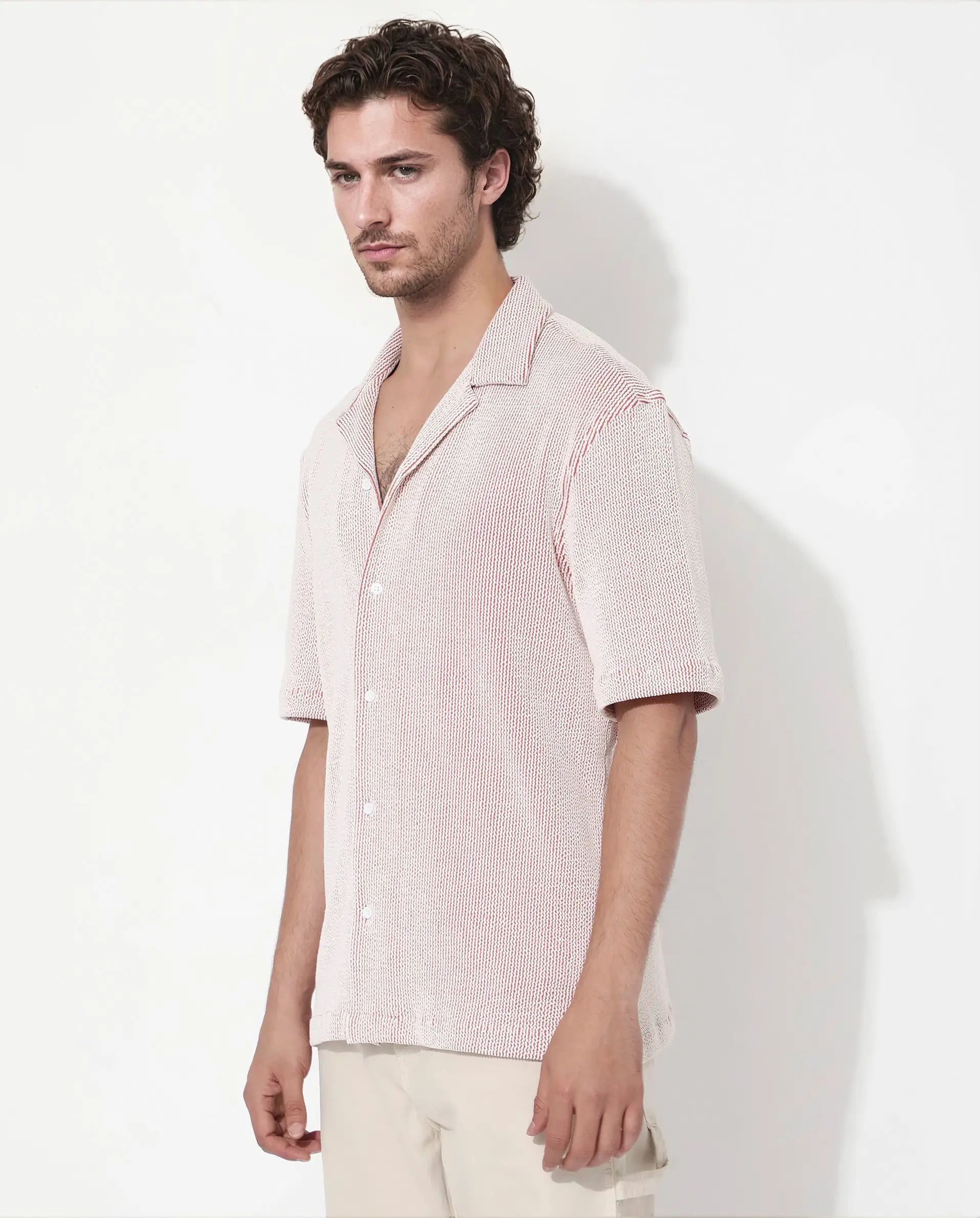 Rare Rabbit Men's Zavet-S Rust Cotton Striped Print Boxy Fit Half Sleeve Cuban Collar Shirt